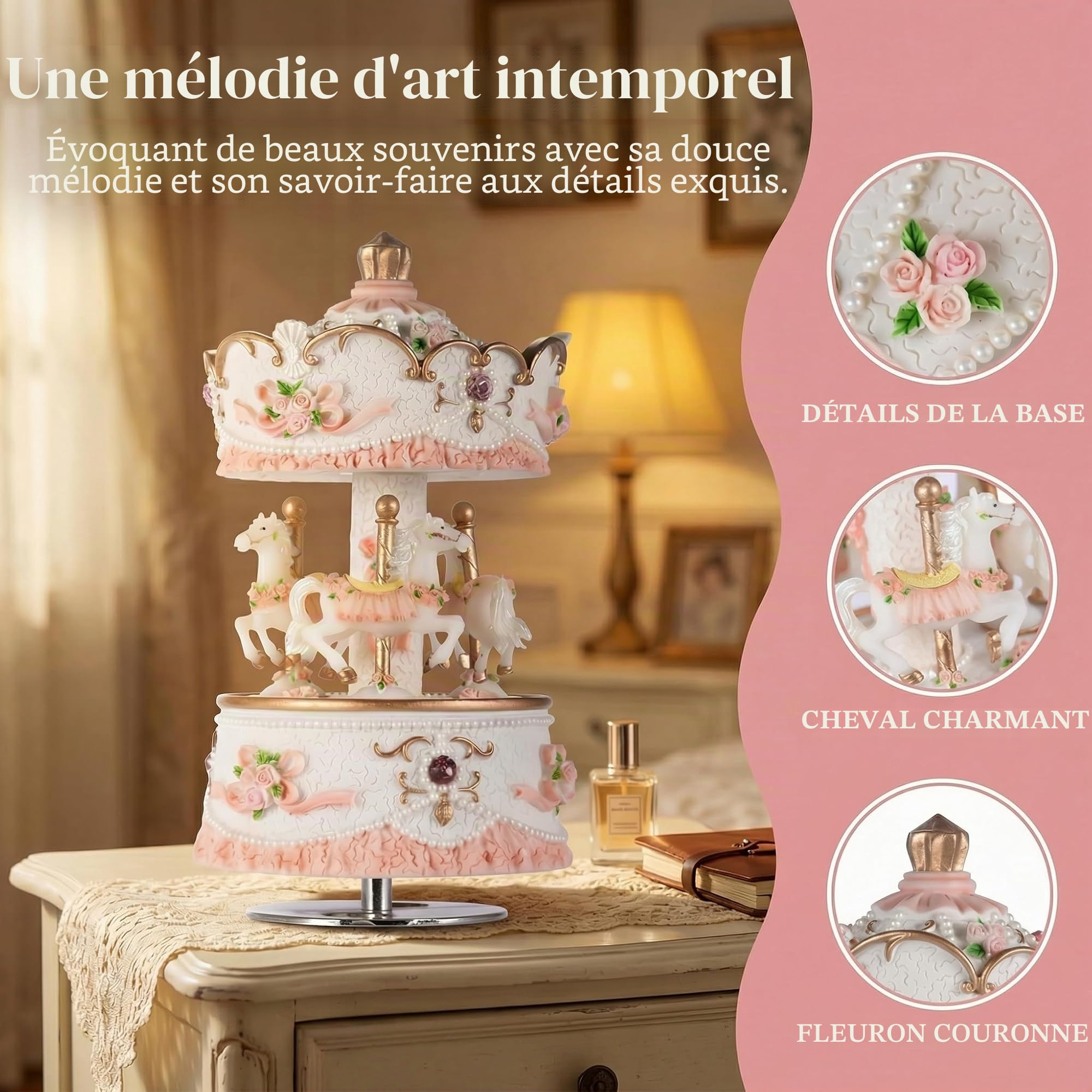 Boîtes à musique carrousel pour filles,Rotation à 3 chevaux,Château dans le ciel,Lumières LED changeantes de couleur,Cadeau musical pour bébé, enfant, fille, anniversaire, Noël,Boîte à musique,Rose