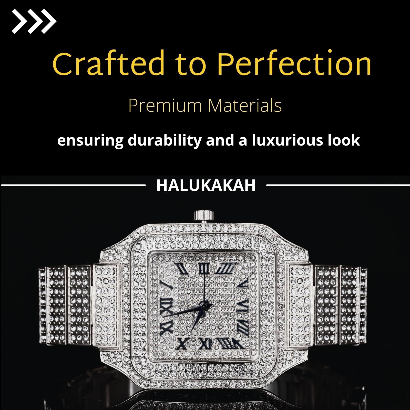 Halukakah Moissanit Diamantuhr für Jungen – 18K Echtgold/Platin Plattiert,Eckiges Zifferblatt mit Römischen Zahlen,Japanisches Quarzwerk – 20,5cm Länge,mit Tennis/Cuban-Link-Kettenoptionen