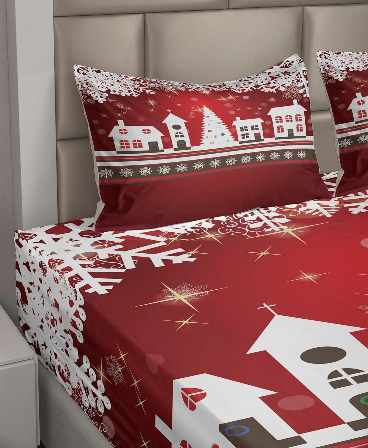 Ambesonne Christmas Sheet Set, Winter Holidays Theme Gingerbread House Trees and Snowflakes Art Print, Fitted and Flat Sheet with Pillowcases Bedding Accent 4 Piece Set, Full, White and Red