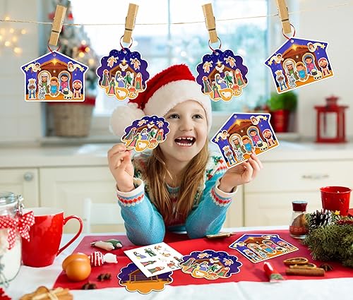 Miniatura 10 de FaCraft Manualidades de Natividad para niños, 24 piezas de calcomanías de escena de natividad, adornos de manualidades de Navidad, juego de belén