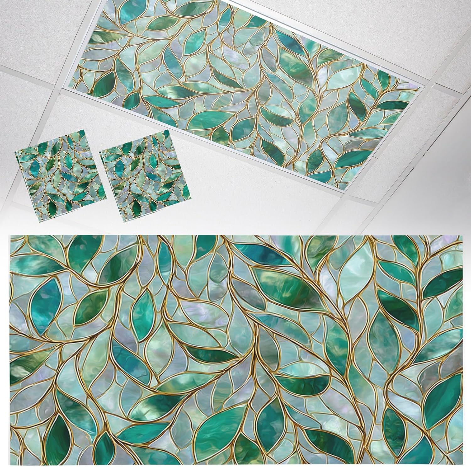Fluorescent Light Covers for Ceiling Lights Green Leaves Stained Glass Magnetic Light Filters 2 Pack 4x2 ft Luxury Golden Vines Ceiling Lights Cover for Classroom Office School Home Drop Lamp Decor