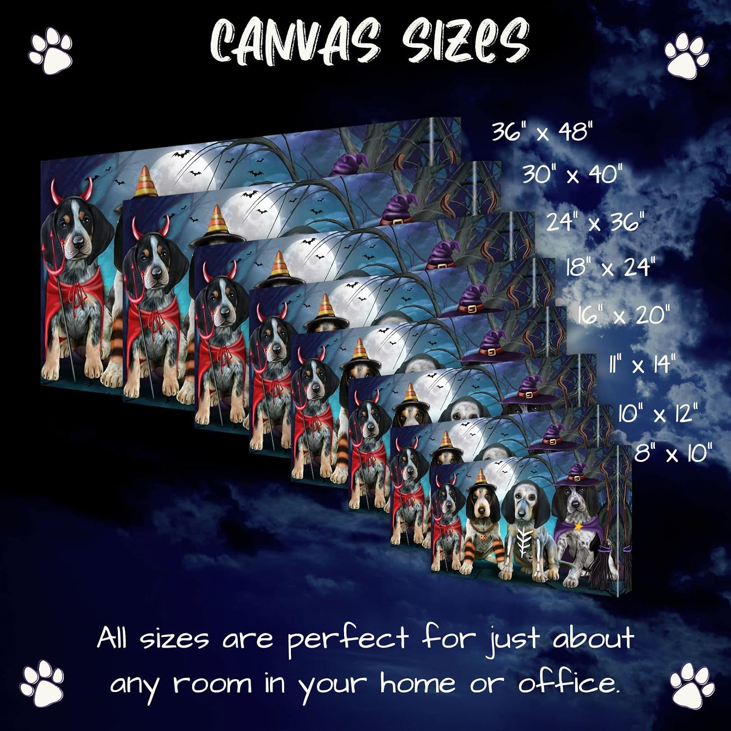 Halloween with Bluetick Coonhound Dogs Canvas Wall Art - Premium Quality Ready to Hang Room Decor - White Floating Framed 16" x 16"