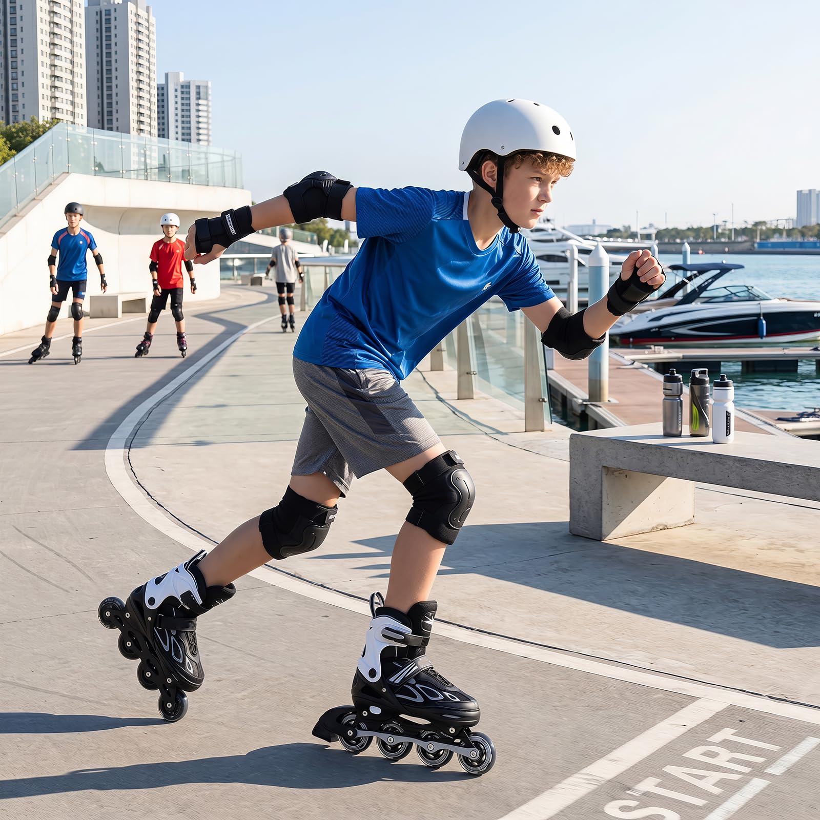 HOMASIS Roller en Ligne, Patins à roulettes avec Roues LED Illuminées, Patins à Glace Réglables avec Protection Antichoc, pour Enfant de 5-14 Ans