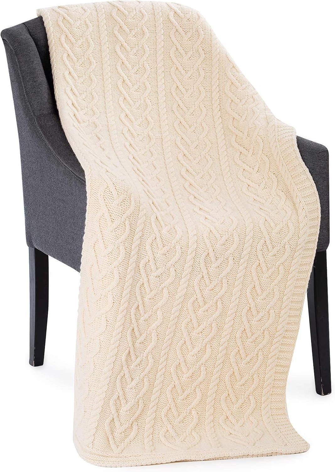 SAOL Irish Aran Throw Blanket Heart Pattern 100% Super Soft Merino Wool 67x49 inches