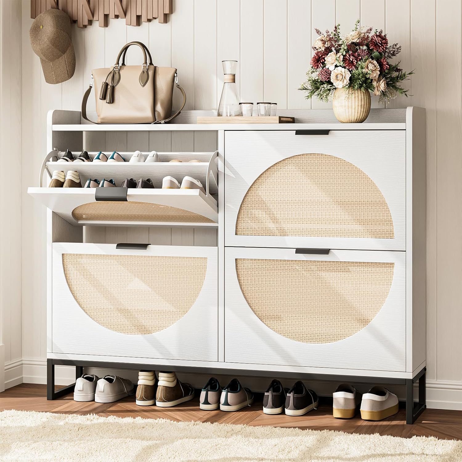 Shoe Storage Cabinet for Entryway Wooden Rattan Shoe Cabinet with 4 Flip Drawers Long Hidden Shoes Cabinet Storage with Metal Legs Narrow Shoe Rack Cabinet Shoes Organizer Cabinet for Hallway White