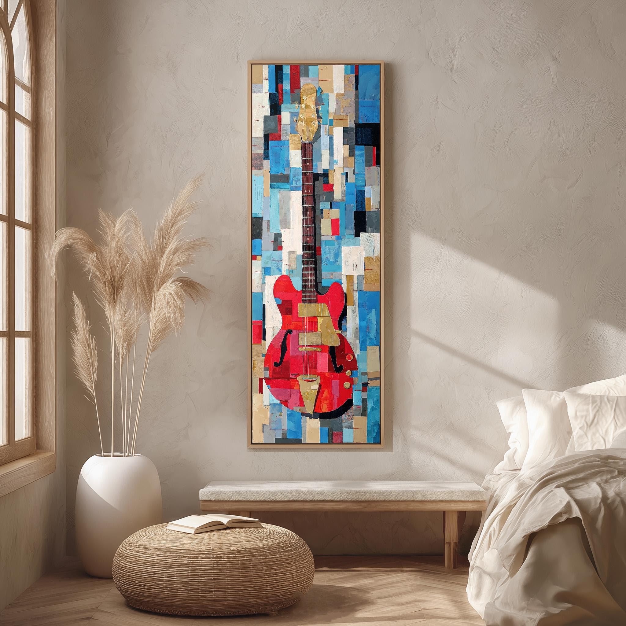 XINBAO Czerwony obraz gitarowy, pionowa kubistyczna sztuka muzyczna, wysoki i wąski instrument muzyczny na płótnie, kolorowa dekoracja, geometryczny nadruk muzyka (40 x 120 cm/bez ramki)