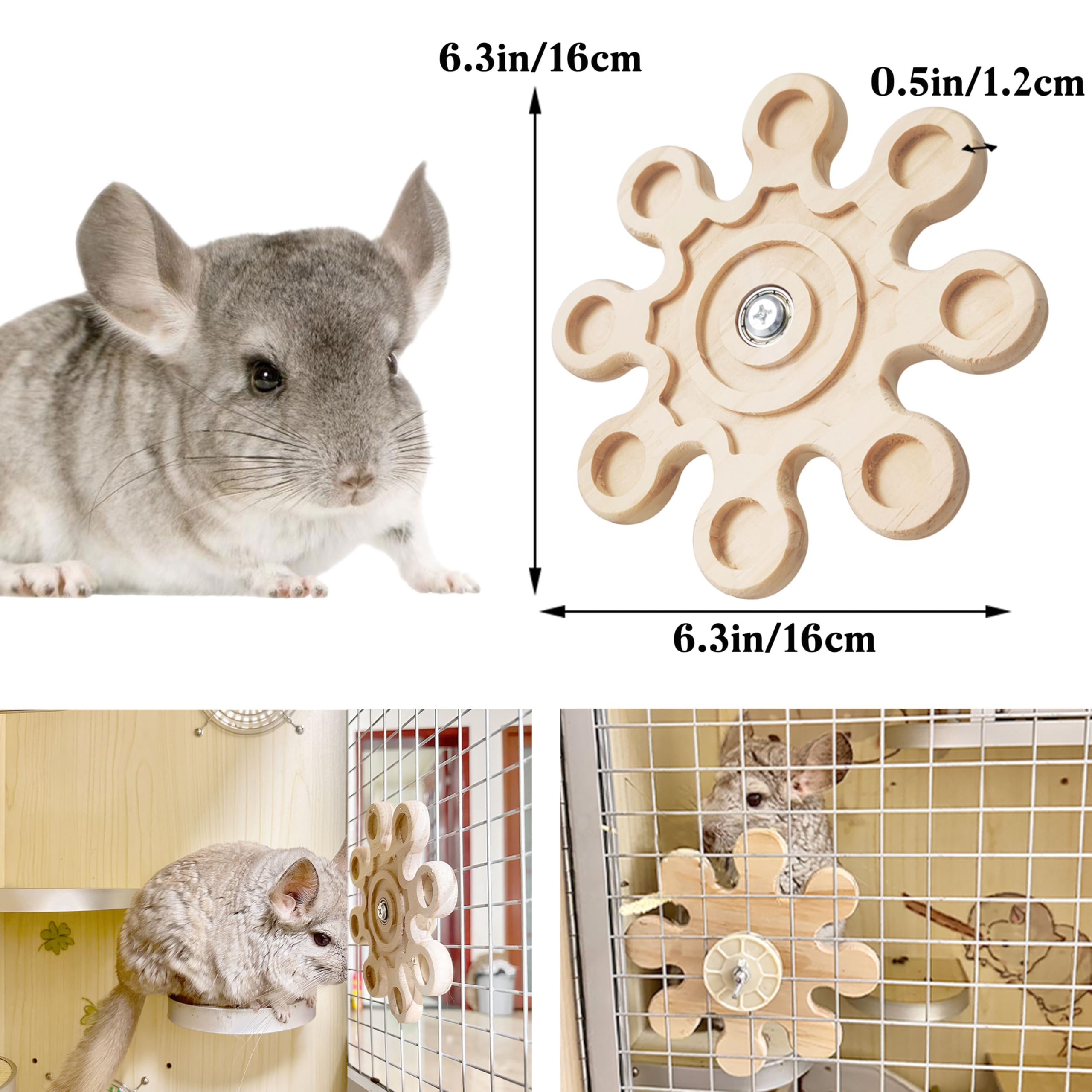 Jevnd Rotating Natural Wood Chinchilla Chew Toys for Teeth, Interactive Enrichment Toys, Hanging Exercise Chinchilla Toys for Cage for Playtime, Spinner Cage Accessories Wheel (Snow)