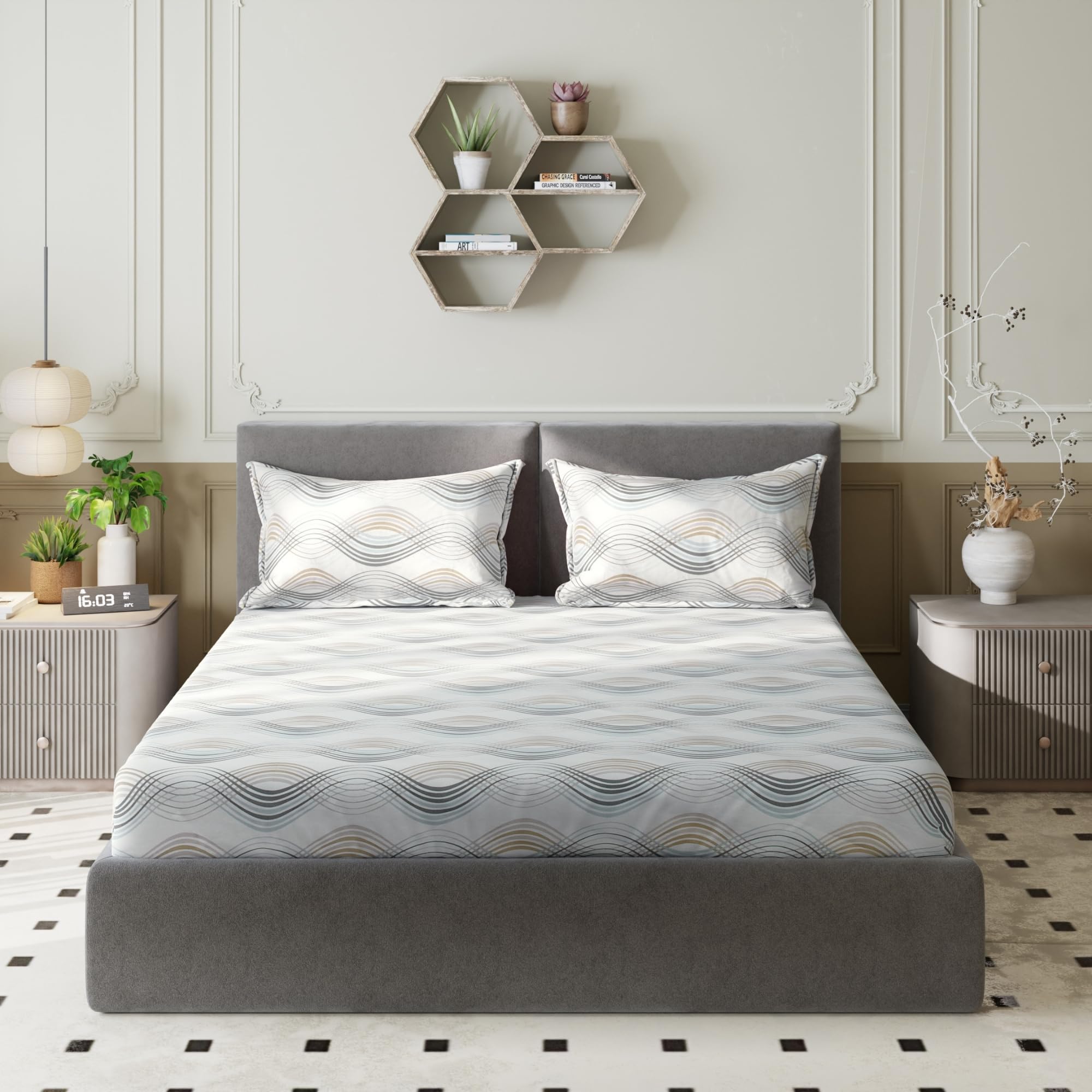 Amazon Basics - 100% Cotton Fitted Bedsheet | 144TC |Fitted Queen Bed Sheet with 2 Pillow Cover|Soft Cotton | Geometric Print | 78 Inch x 60 Inch - 8 Inch Drop, Beige-image-35