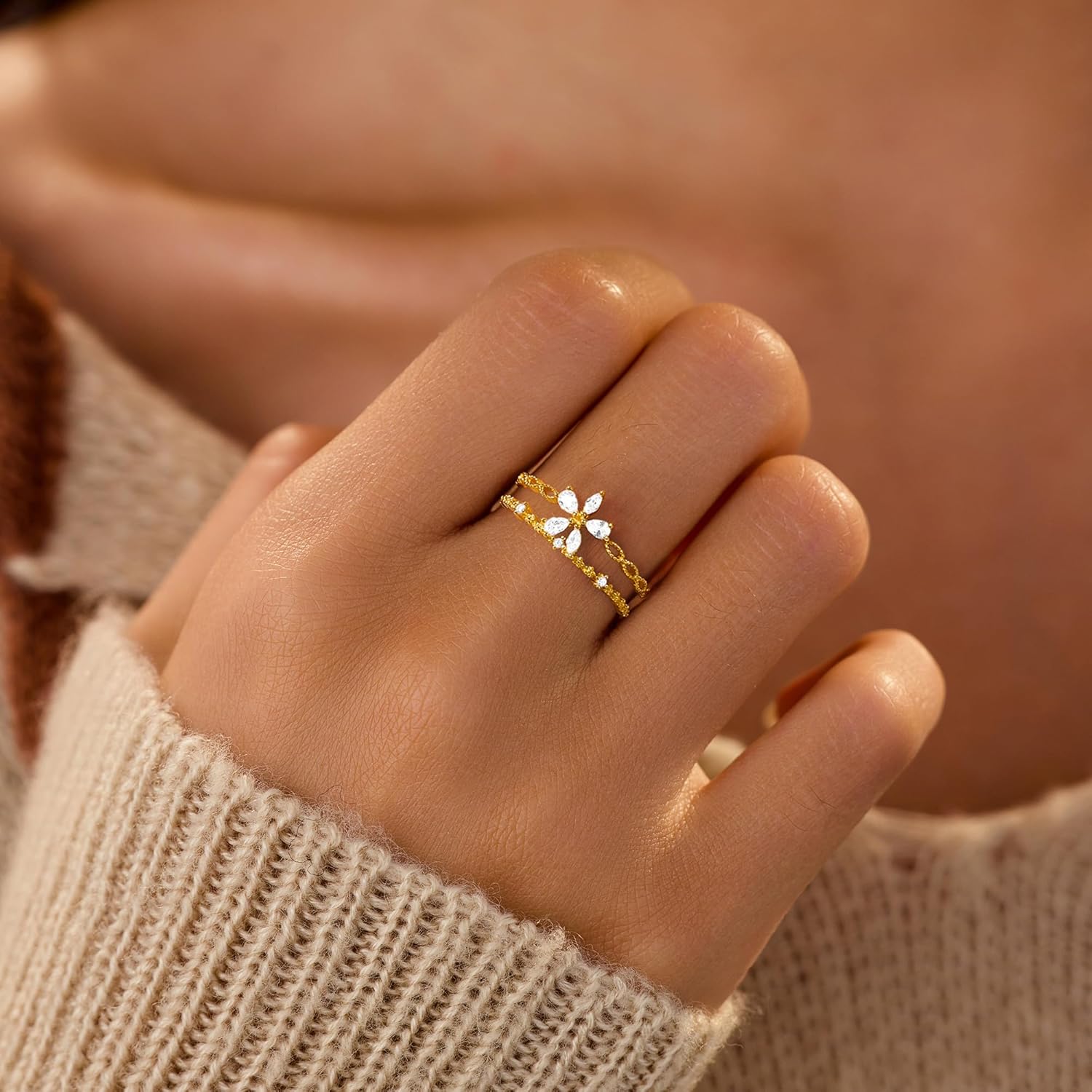 LOVECOM 925 Sterling Silver Cute Butterfly Daisy Flower Rings for Women 14K Gold Plated 2 Layered Colorful Opal CZ Floral Boho Stackable Statement Ring Jewelry Birthday Gifts to Daughter