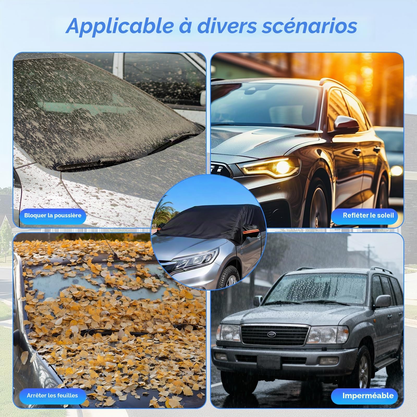 Demi Housse Voiture Ninonly 210D Universelle Demi Bache Voiture Exterieur Protection Toutes Saisons Contre la Pluie, la Poussière, Le Soleil et Les Feuilles Noire