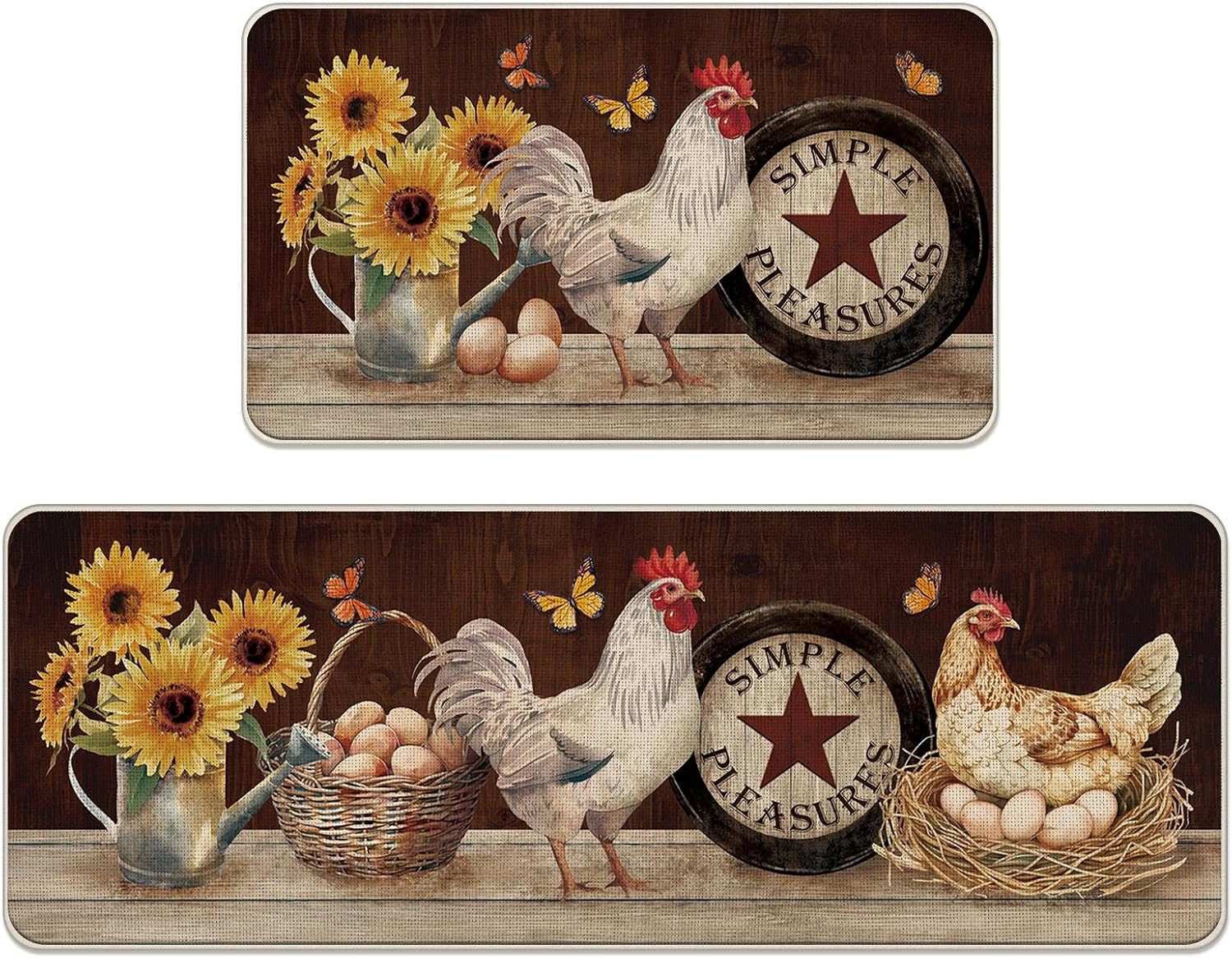 Vintage Farm Animals Kitchen Rugs Set of 2, Retro Farmhouse Rooster Hen Chicken Eggs Sunflower Floor Mats Home Decor, Rustic Country Barn Farmer Door Mat Decorations - 17x29 and 17x47 Inches