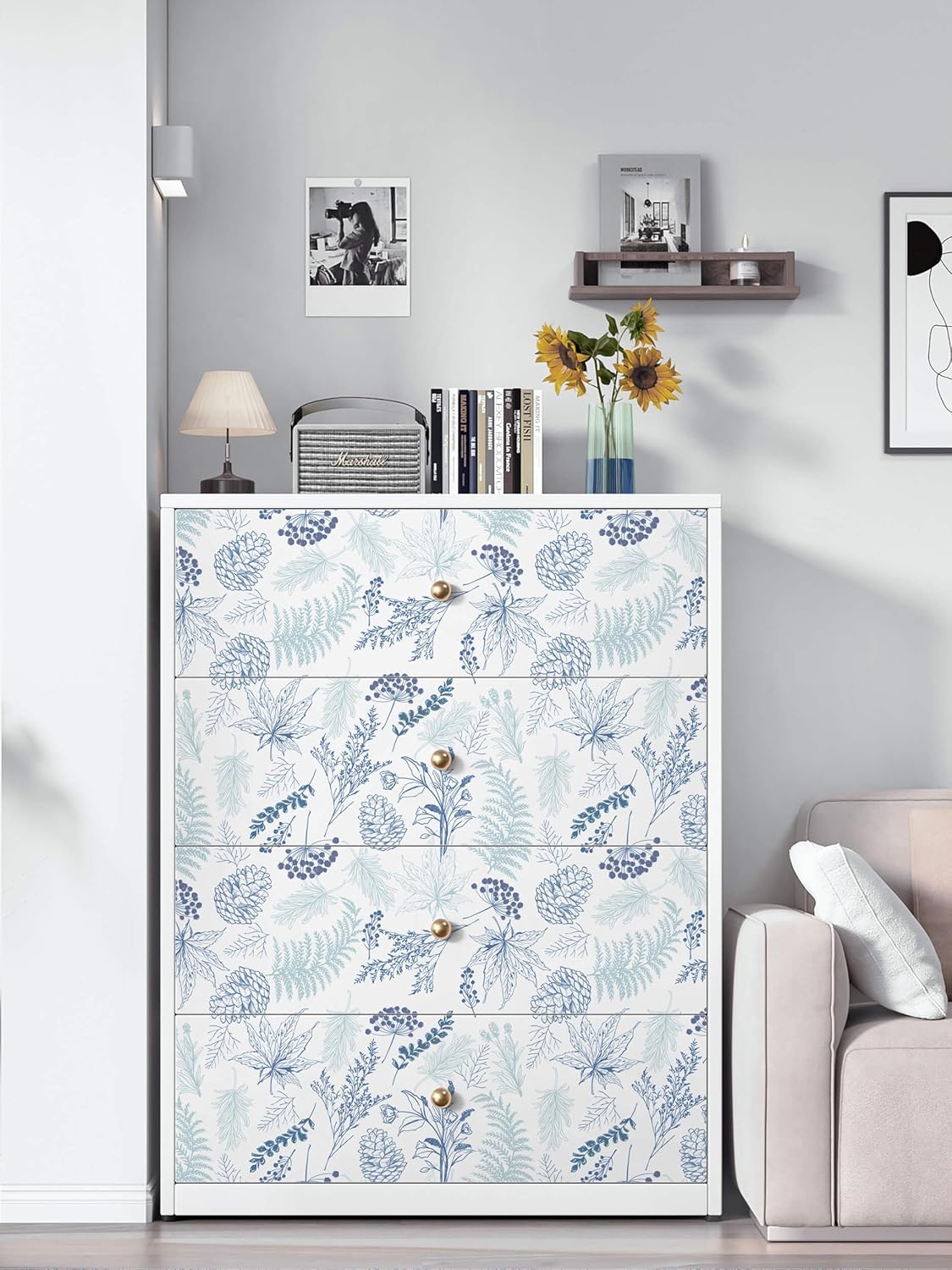 White and Blue Leaf Floral Wallpaper Peel and Stick Countertop Contact Paper for Bedroom Kitchen Cabinet Drawers Self-Adhesive Removable Renter Friendly Waterproof Boho Style 17.3"x137"