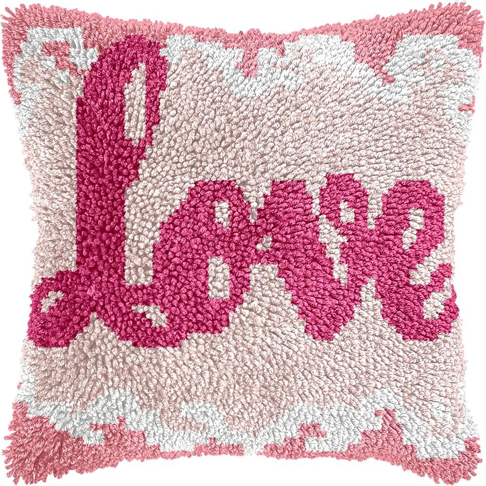 Cozykeke Love Latch Hook Kit,DIY Pillow Cover Cushion Craft Kits with Pre-Printed Canvas for Adults and Beginners, Suitable for Home Decor and Festival Gift 17 * 17in (BX861)