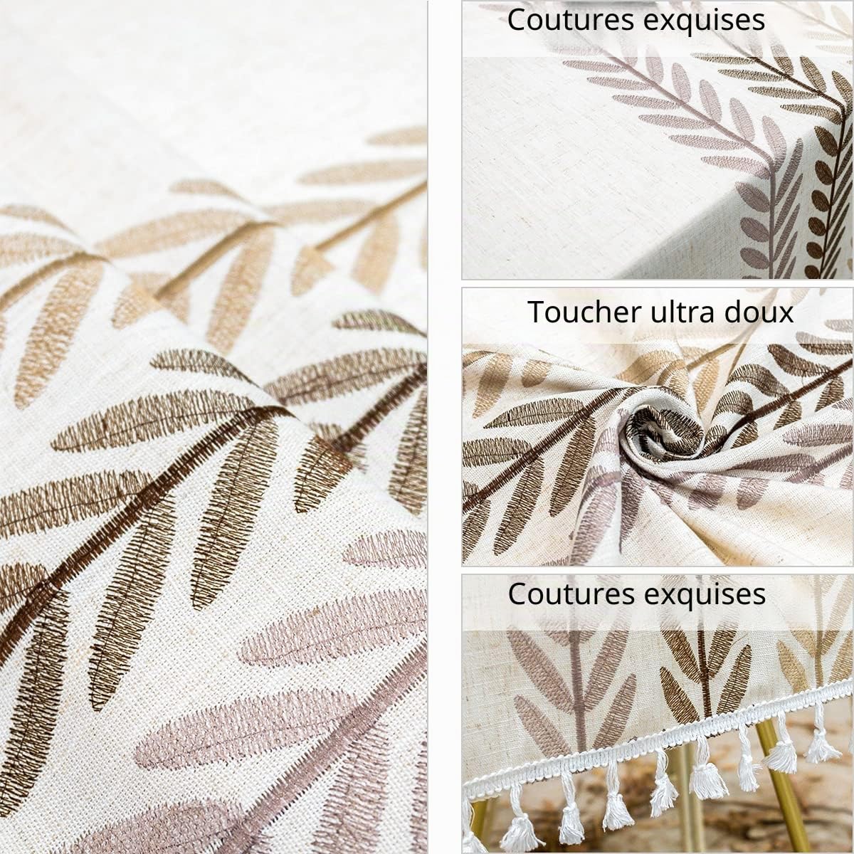Nappe de Ferme rectangulaire en Coton et Lin Lavable et antisalissure avec Pompons pour Cuisine, Salle à Manger, Pique-Nique, extérieur, Jardin (Feuilles de Café, 140 x 260 cm)