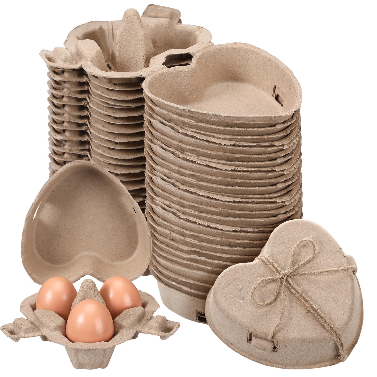 FoldTier Eierkartons in Herzform, 3 Stück, natürlicher Zellstoff, Eierkartons mit Juteseil, wiederverwendbare Aufbewahrungskörbe, Halter für Küche, Ostern, Urlaub, Geschenke, Markt, Bauernhof, 80
