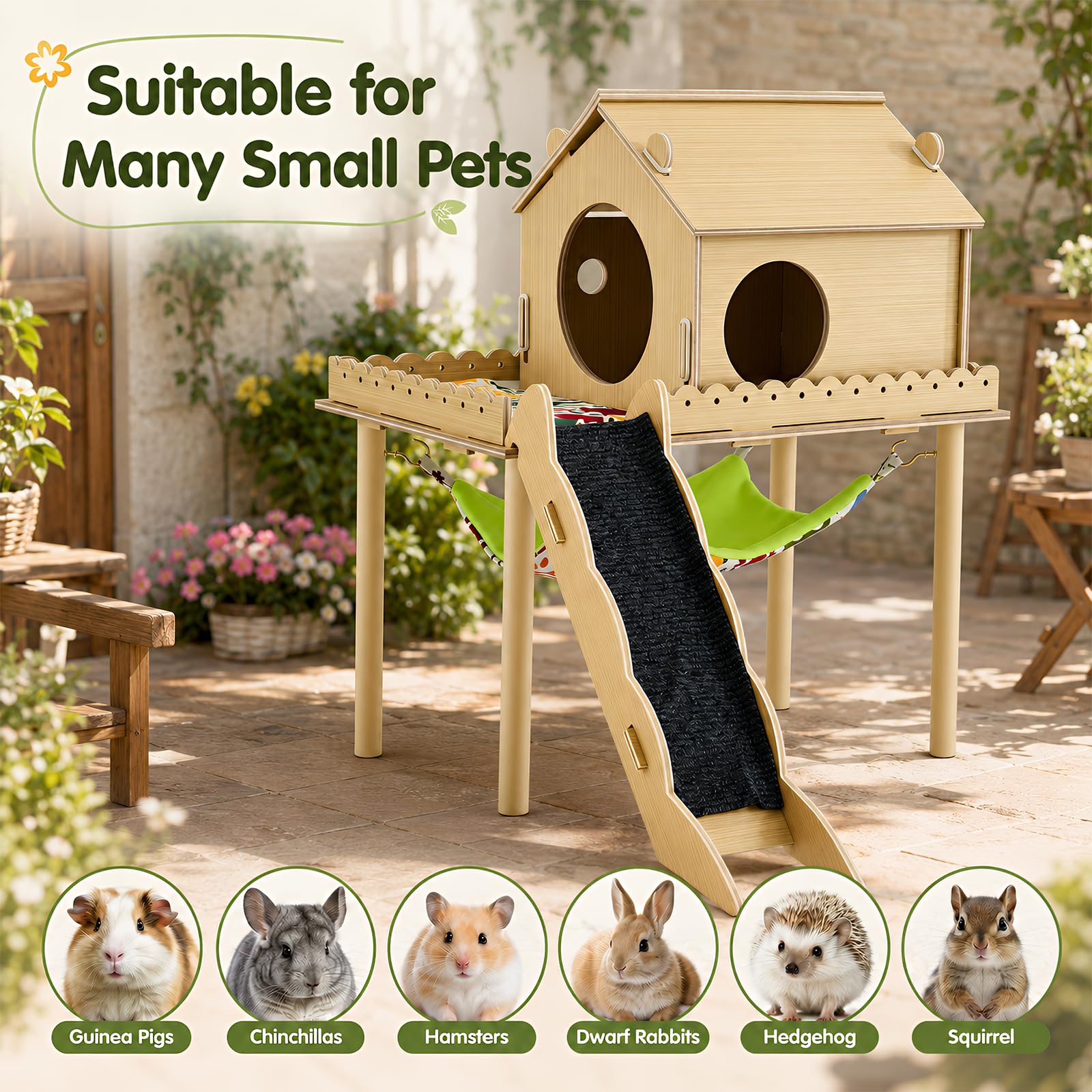 Maison 3-en-1 pour cochon d'Inde, maison pour hamster avec plateforme, escalier, rampe et cachette, accessoires pour petits animaux avec hamac, convient pour lapins, hamsters nains