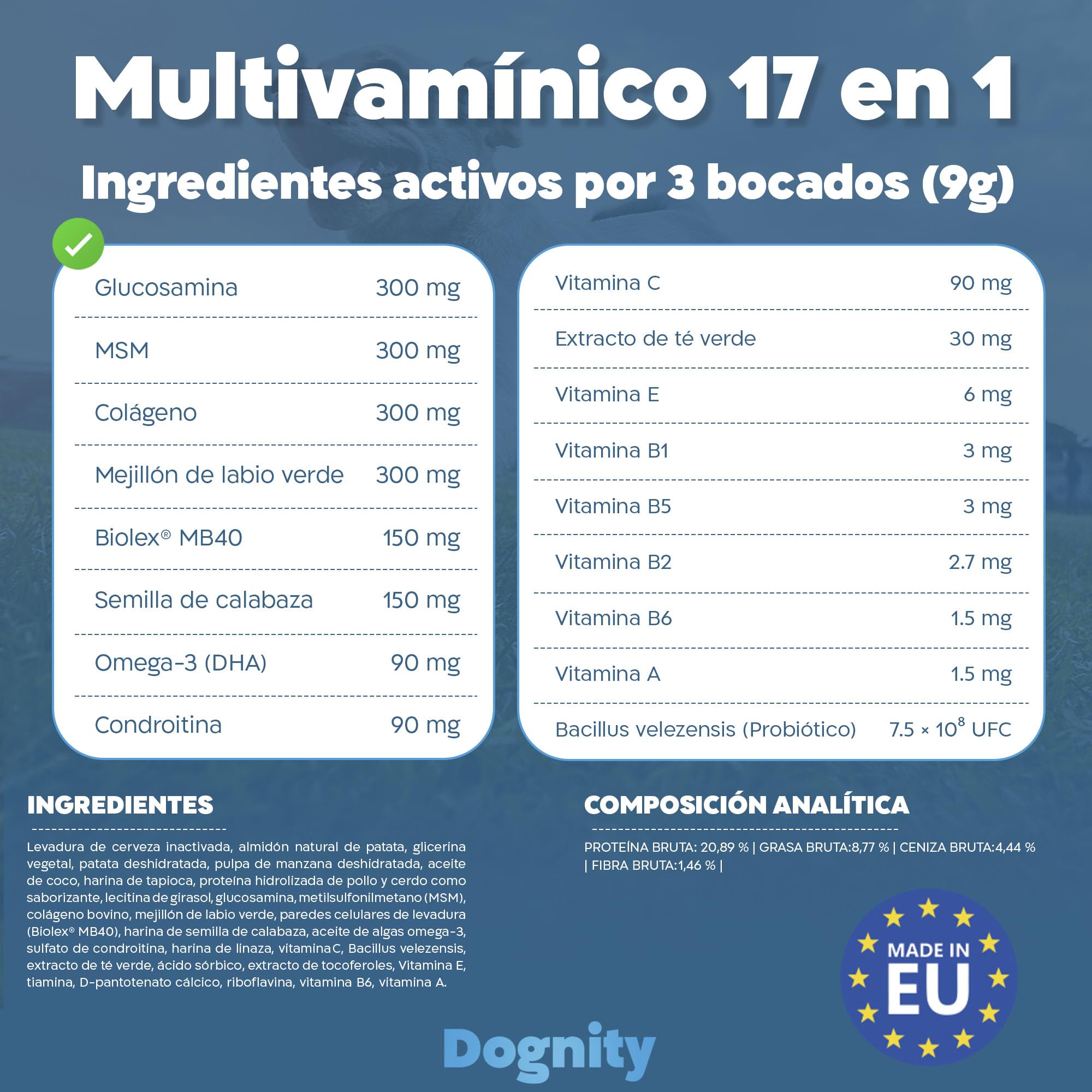 Multivitamínico 17 en 1 Perros 120 Bocados Glucosamina Probióticos 360g | Suplemento completo para perros 17 nutrientes un solo bocado textura blanda con toma diaria con glucosamina y colágeno.