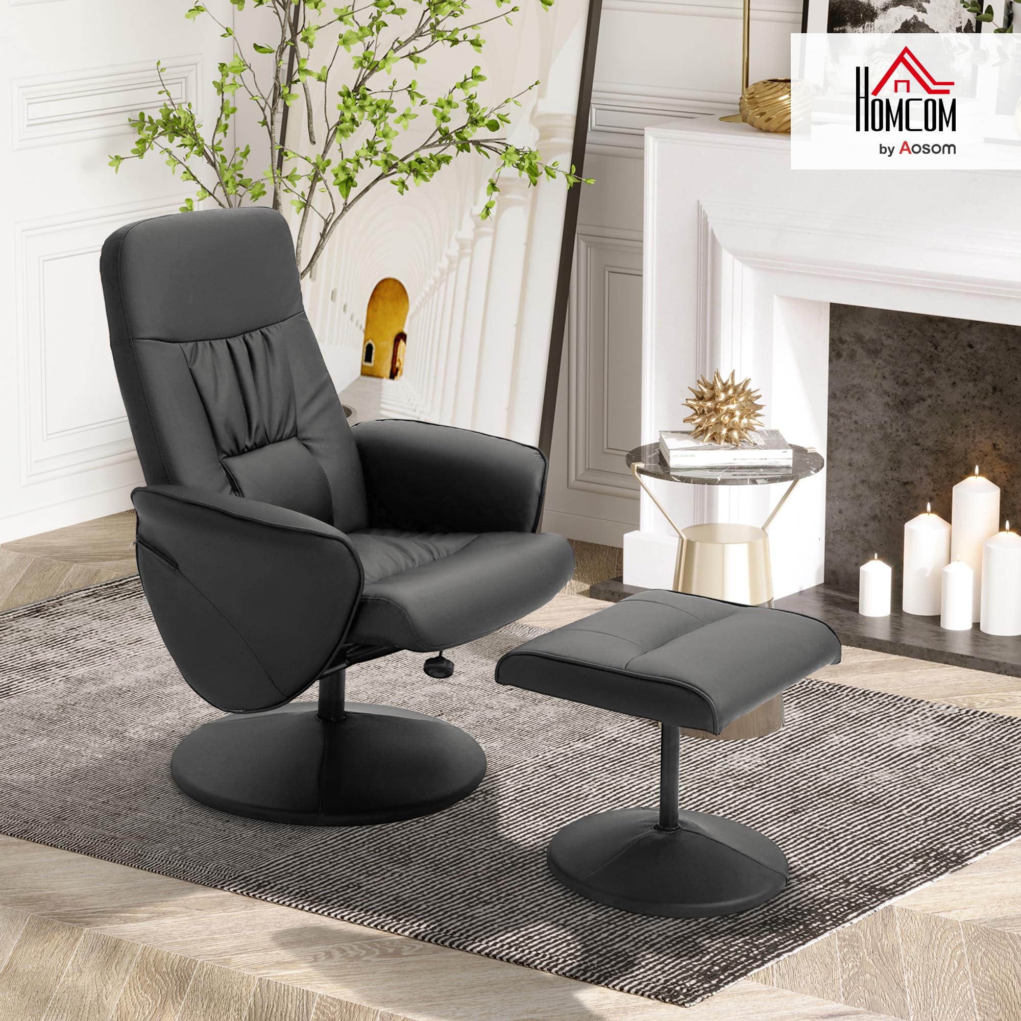 HOMCOM Poltrona Relax Girevole 360° con Pouf Poggiapiedi, Poltrona Reclinabile 145° Imbottita con Schienale Alto, Braccioli Svasati, in Finta Pelle, per Camera, Salotto, Soggiorno, Ufficio, Nero