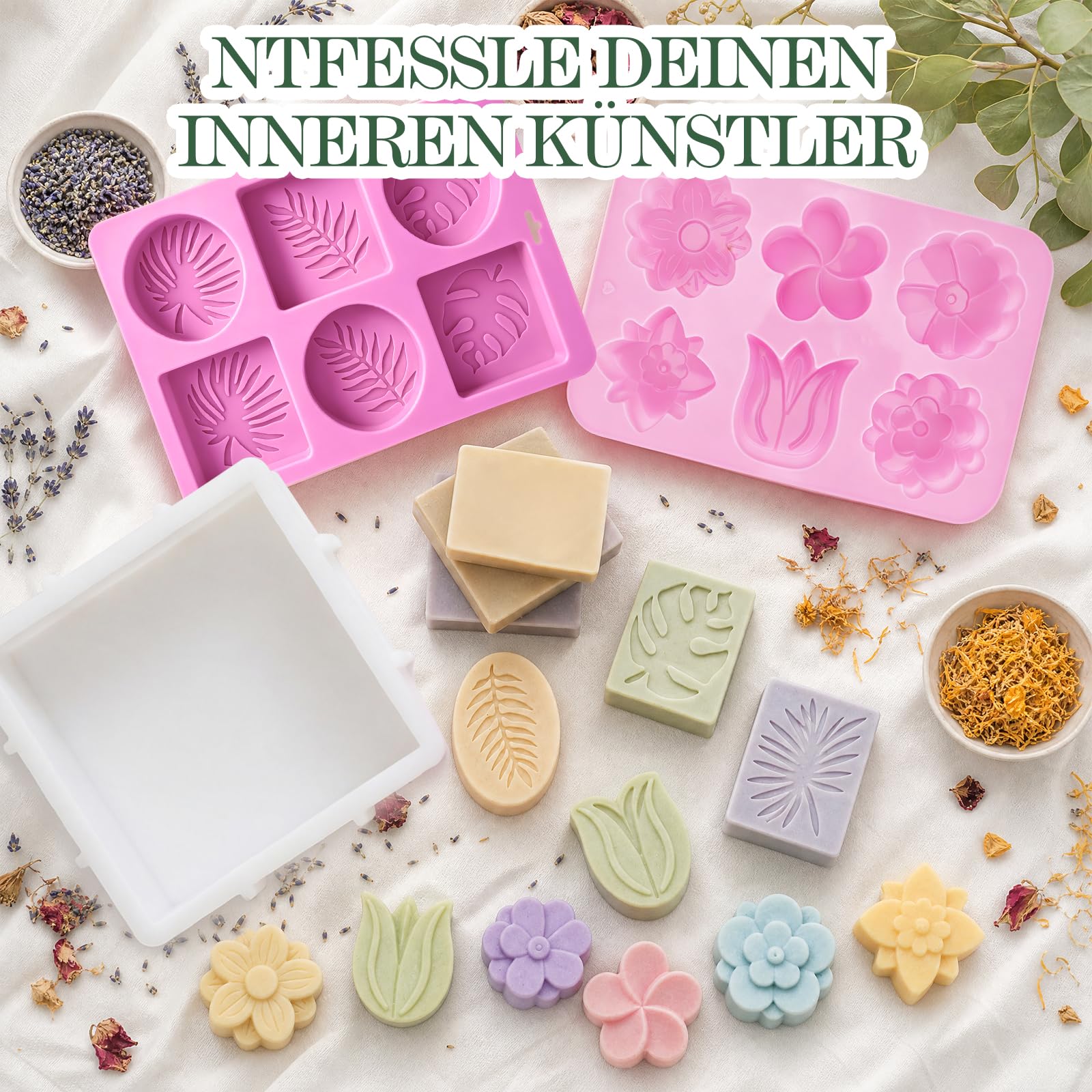 Seifen Selber Machen Set, Kreative Seifen DIY Set für Erwachsene | 1,5kg Seifenbasis, 3 Düfte, 3 Farben, 3 Silikonformen, Seifenmesser & Geschenkverpackung, Handmade Seifen Bastelset