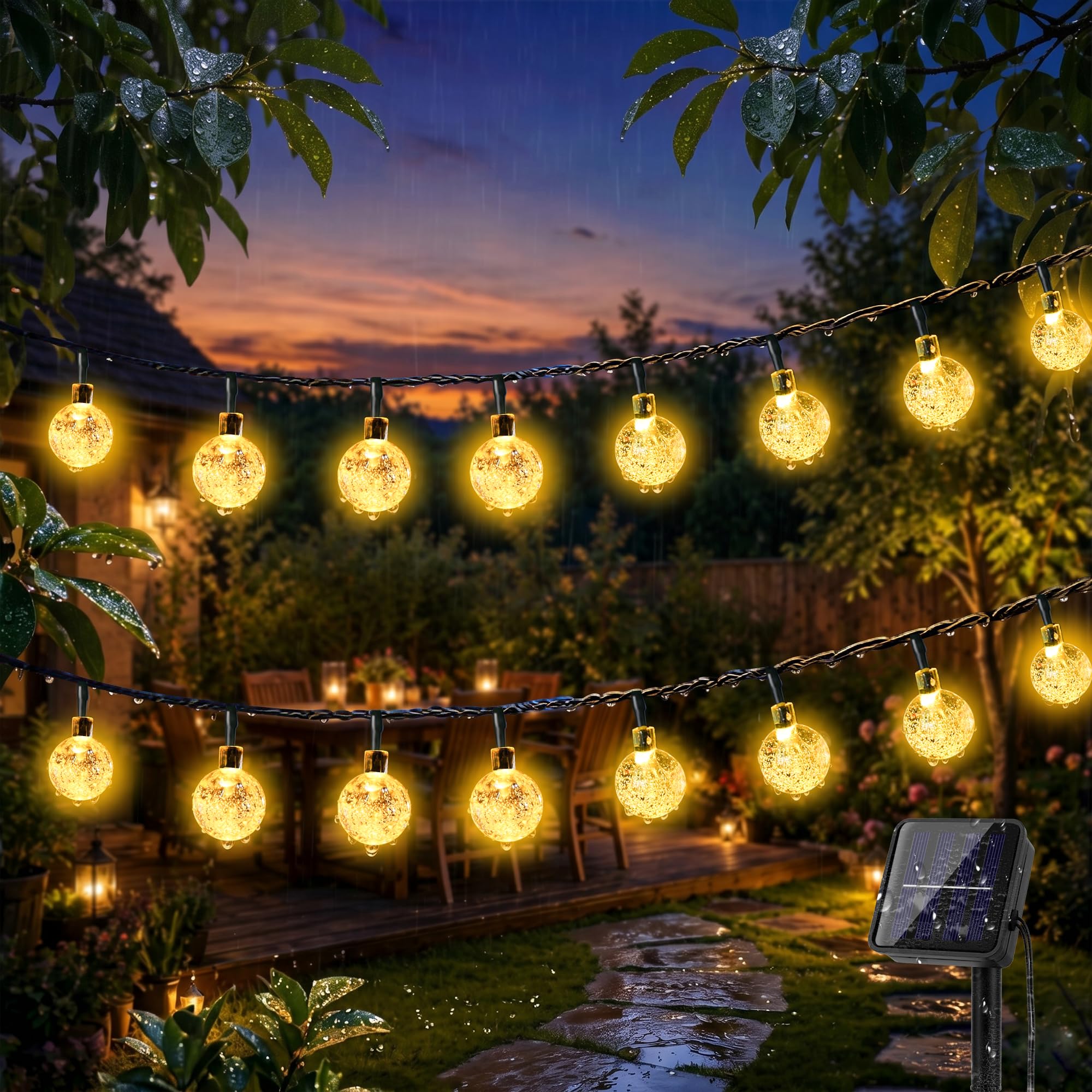 Wudyfei Solar Lights Outdoor Garden 12M 60LED, Waterproof LED Solar String Lights, Solar Fairy Lights 8 Mode, Crystal Ball Garden Lights for Patio, Yard, Gazebo, Tree, Wedding, Festival Decorative