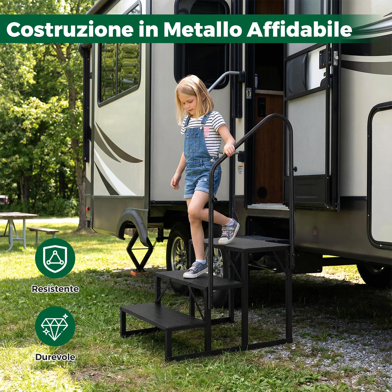 COSTWAY Scala a 3 Gradini per Camper, Gradini per Camper in Acciaio con Maniglia Regolabile Destra/Sinistra e Piattaforme Antiscivolo, Portata 300 kg, Scale Portatile per Vasca, Camper, Casa e Animali