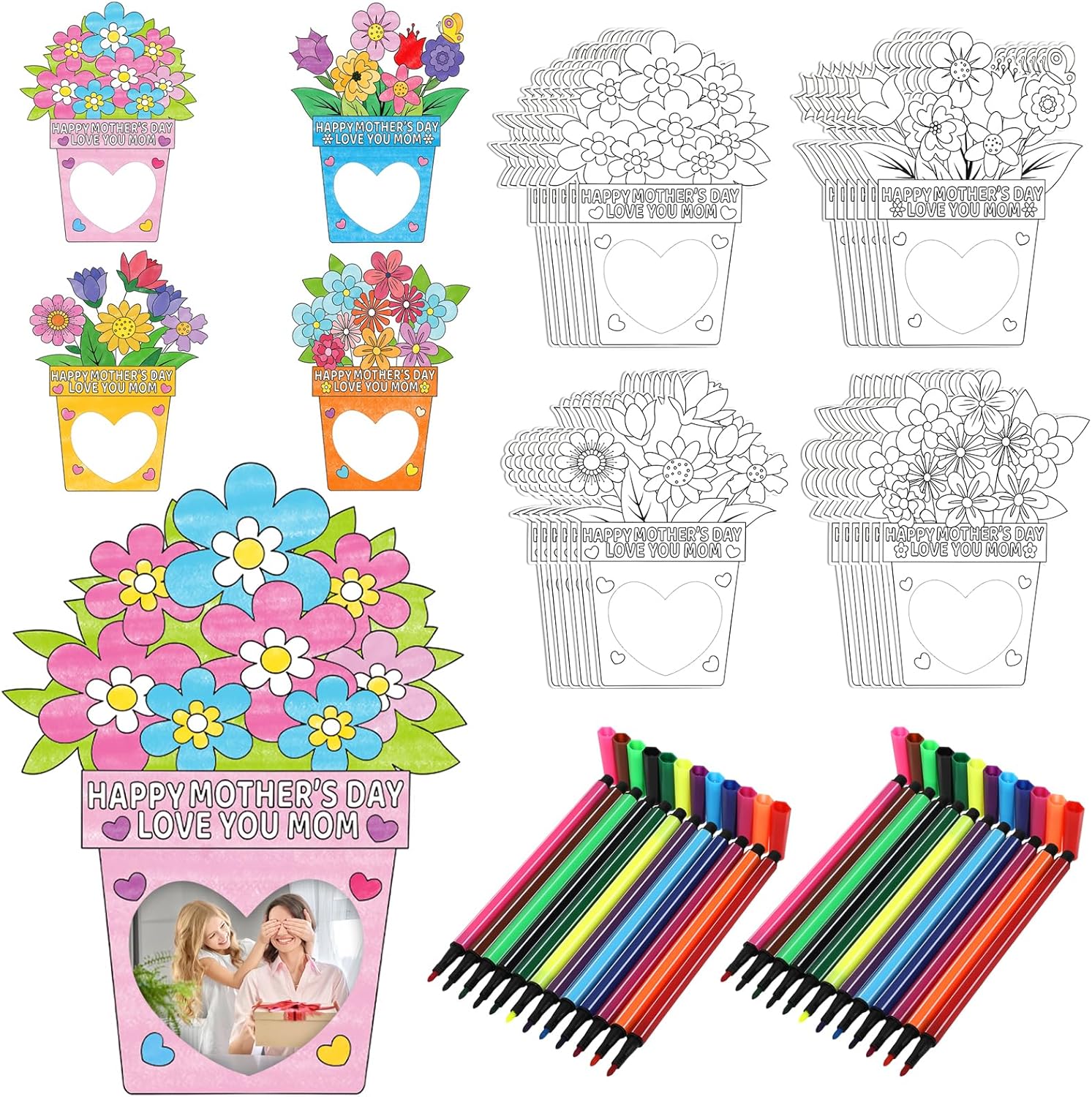 Qpout 24 Pack Mothers Day DIY Flower Photo Frame Craft Kits for Kids with 24 Watercolor Pens Paper Picture Frame Decorating Kit for Classroom Activities Party Crafts and Mothers Day Gifts