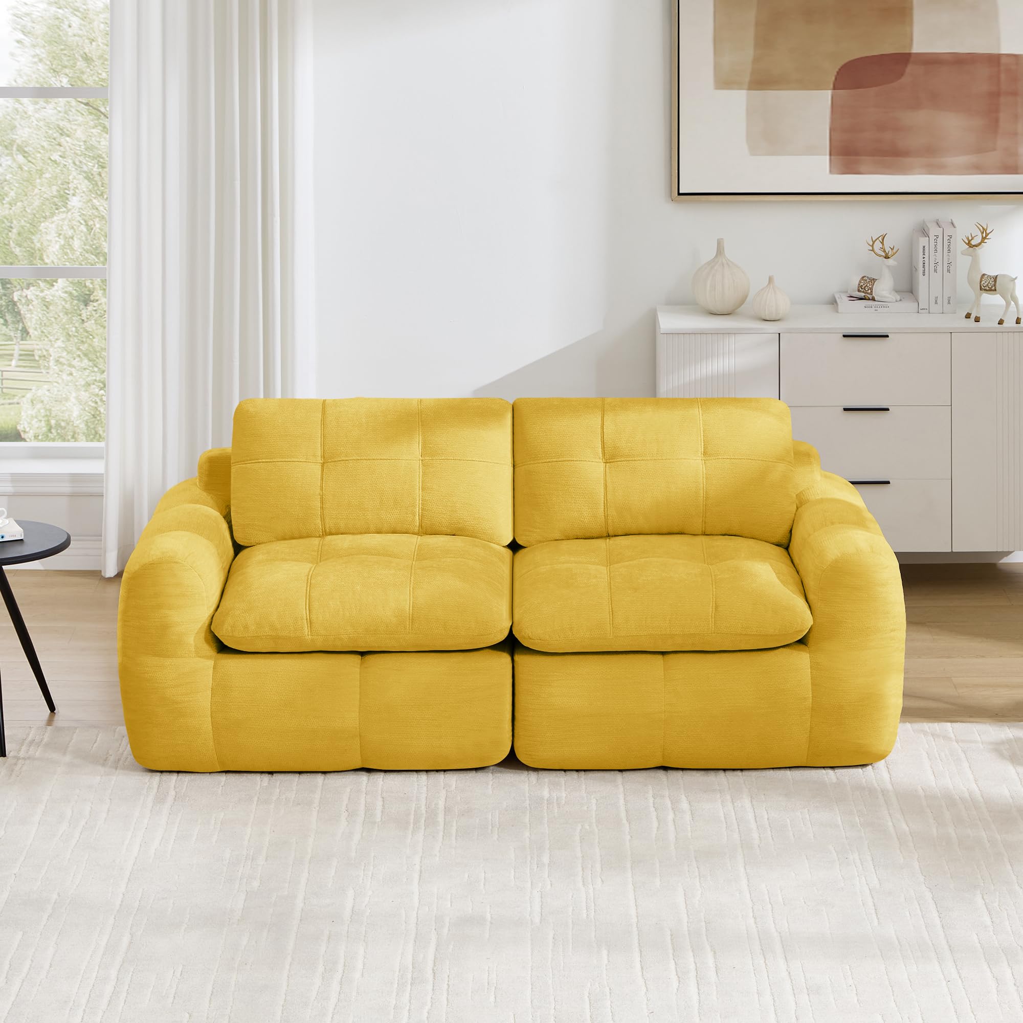 Canapé d'angle Convertible 2 Places, Canapé Modulable Moderne en Chenille, Canapé Compressé en Mousse Haute Densité, Montage Libre, Jaune