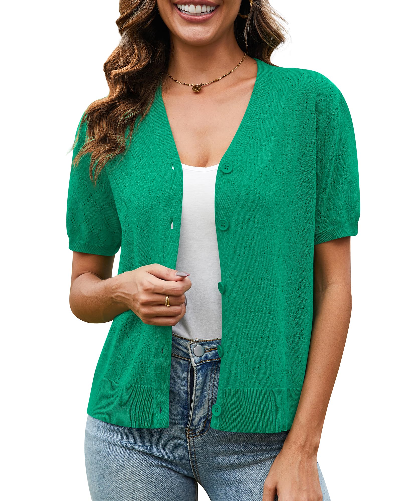 VIISHOW Short Sleeve Lightweight Summer Cardigan for Women, Button Down Open Front V Neck Crochet Knit Cropped Bolero Shrugs