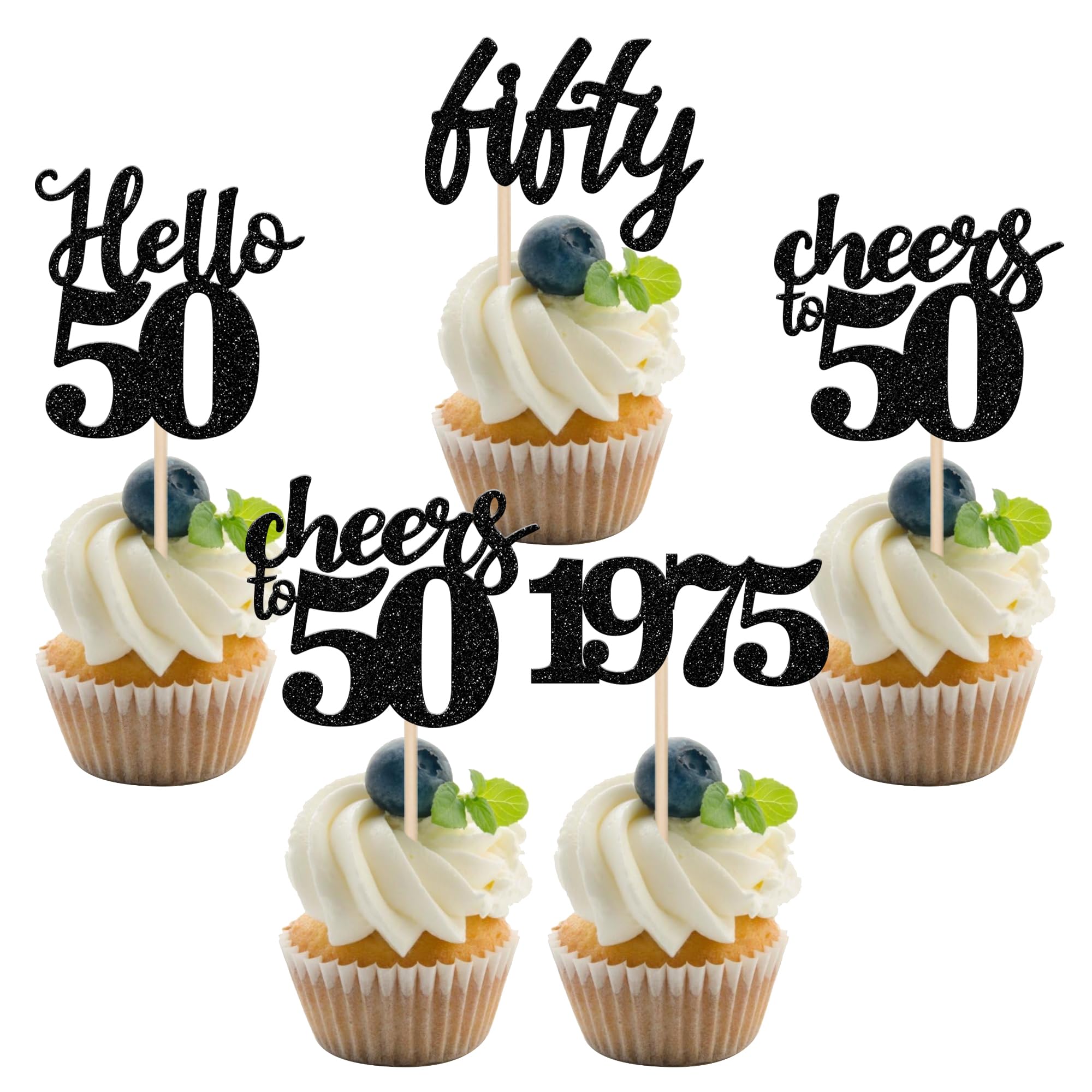 24 PCS Black 50th Birthday Cupcake Toppers Glitter Hello 50 Cupcake Topper Cheers to 50 Fifty Since 1975 Cupcake Picks for Happy 50th Birthday