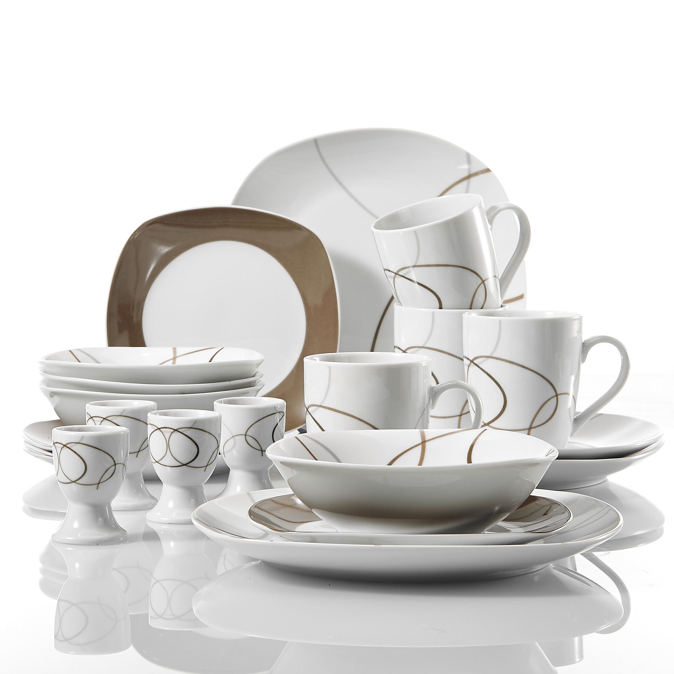 VEWEET 'Nikita' 20-piece avorio bianco Natale cucina Crokery set Brown Lines servizio da tavola in porcellana con 4 portauovo, 4 tazze, 4 piatti da dessert, 4 ciotola, 4 piatti
