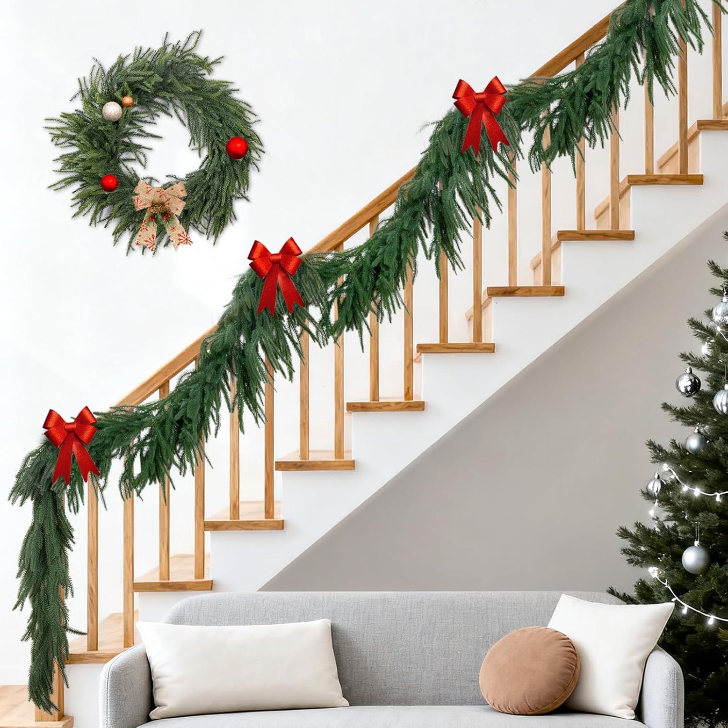 2Pcs 6 FT Artificial Christmas Norfolk Pine Garlands, Real Touch Christmas Garland, Greenery Garland for Mantle, Table, Fireplace, Wall, Stairs Winter Holiday Indoor Outdoor Xmas Decor
