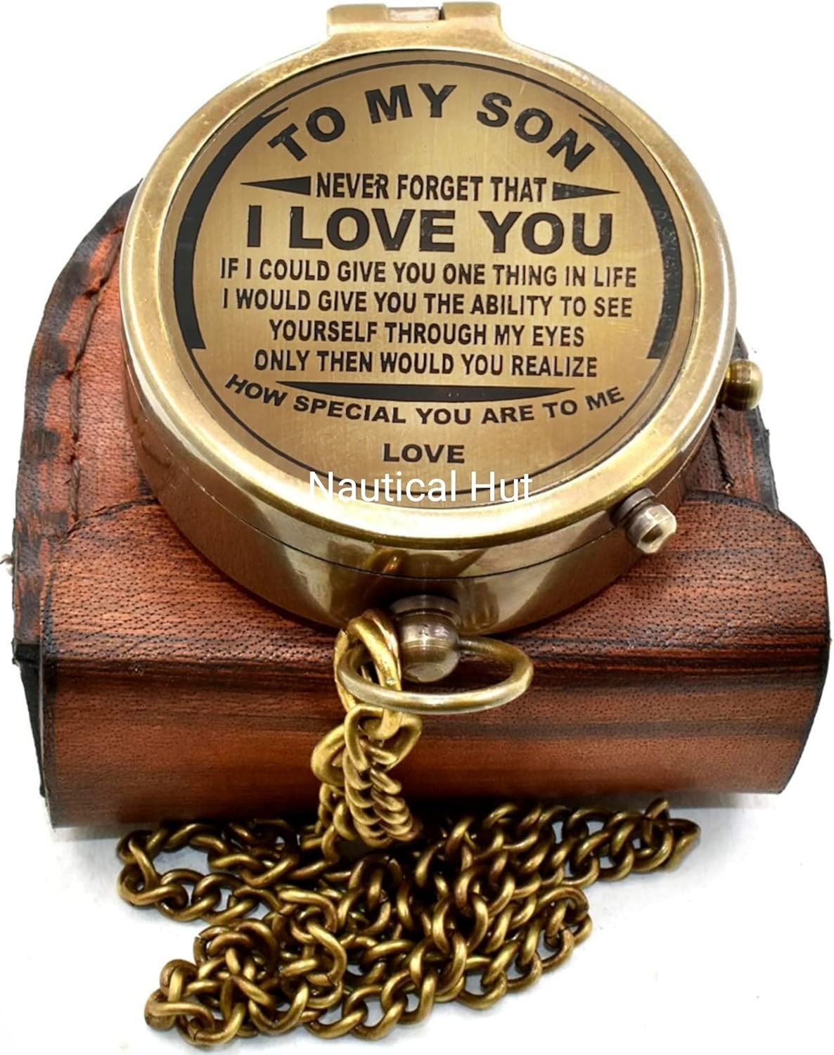 to My Son Brass Engraved Compass – Vintage Pocket Compass with Leather Case, Solid Antique Brass Navigation Compass, Personalized Engraved Gift from Mom to Son for Graduation, Birthday, Christmas