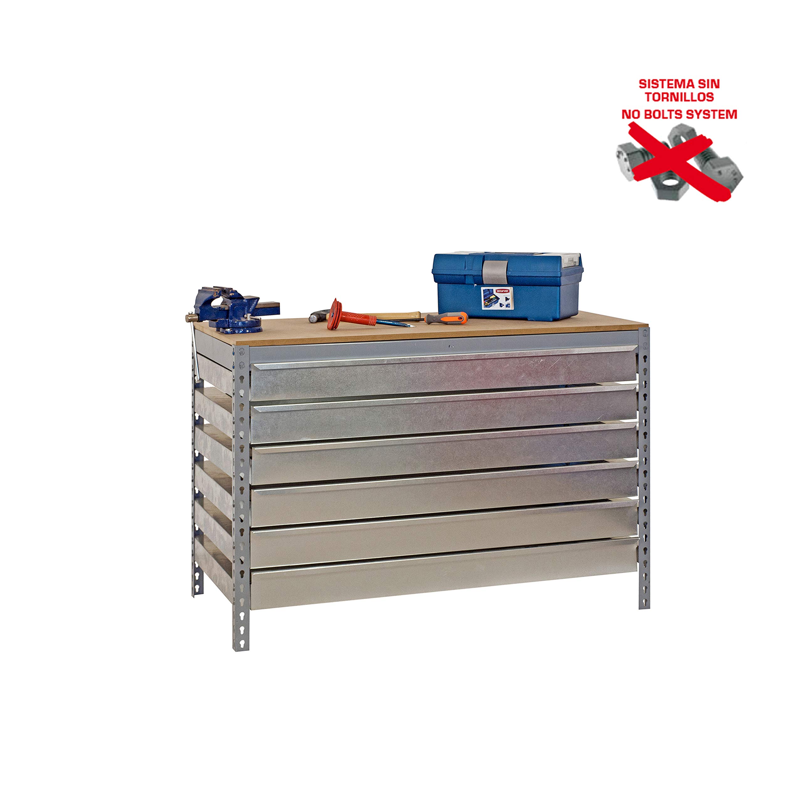 Simon Rack Banco de Trabajo Taller con 6 cajones 1510x760 mm - BT5 | Tablero madera 16 mm, Capacidad Carga 600 kg, Gris , Pintura anticorrosión, Montaje sistema clic
