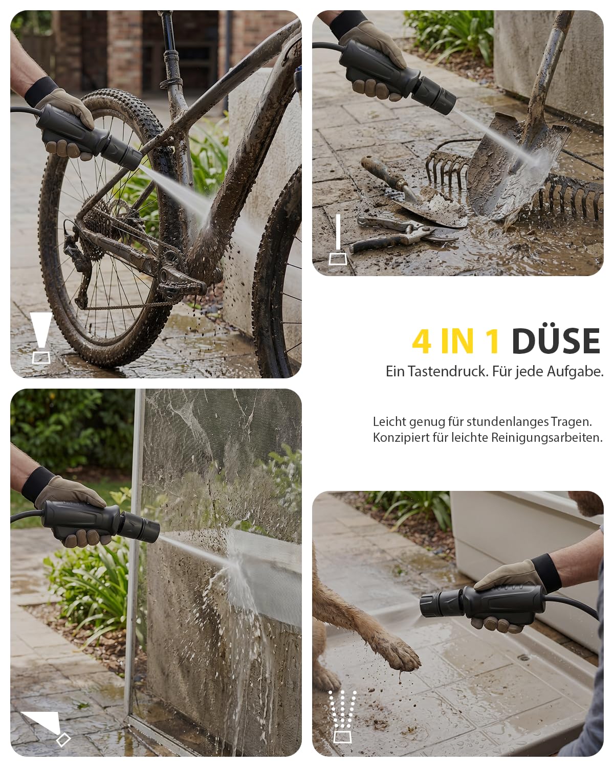 Tragbarer Hochdruckreiniger mit Wassertank 12L Kabellos, 4-in-1 Düsen, 2m Schlauch sowie Langer Akkulaufzeit – ideal für Fahrrad, Camping, Garten und Haustiere.