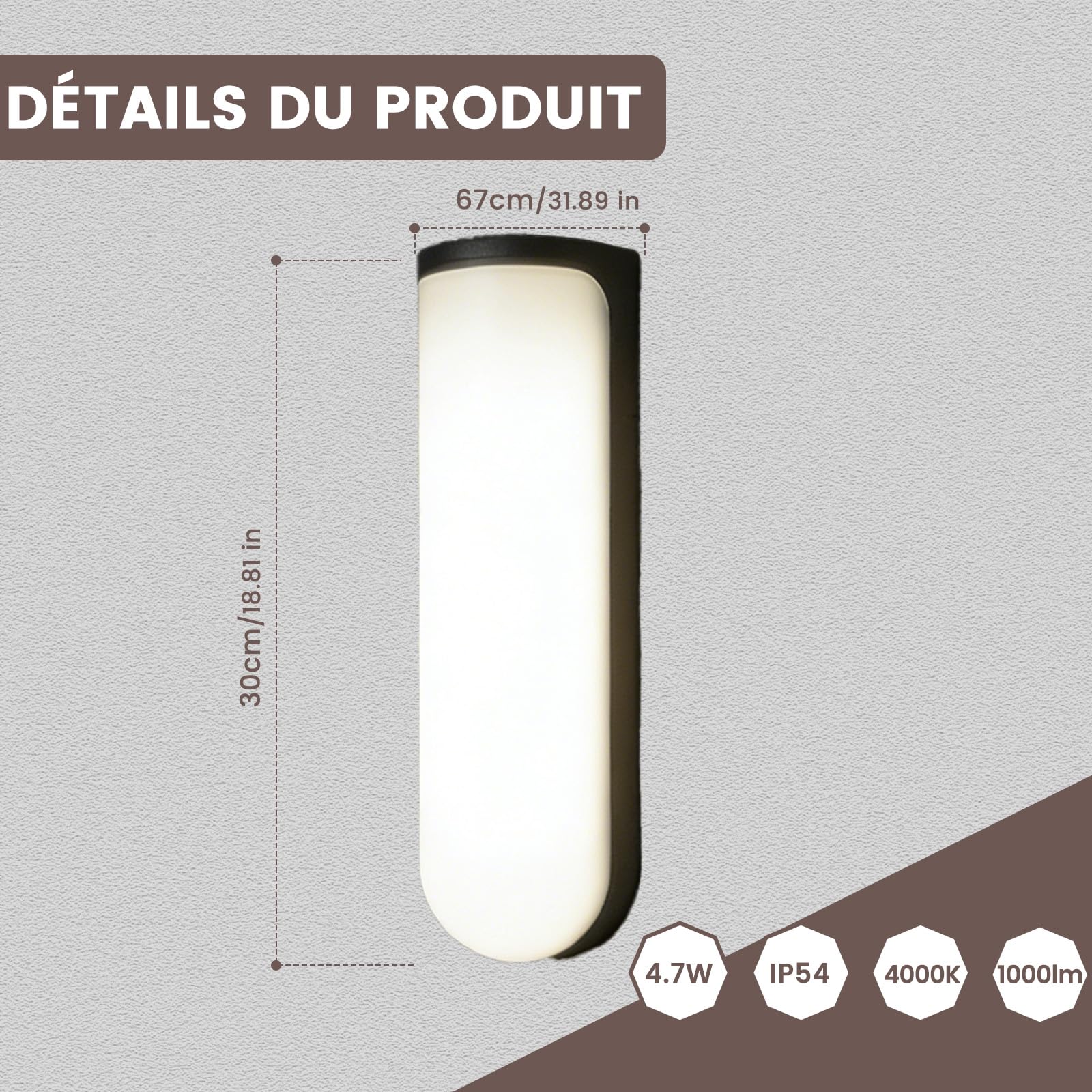 30cm 4.7W Applique Murale Exterieur en Aluminium, Lumiere Exterieur LED, Lanterne Exterieur Monobloc Empêchant Efficacement L'eau de Pluie de Pénétrer, 1000lm IP54 Blanc Chaud 4000K, Noir Mat