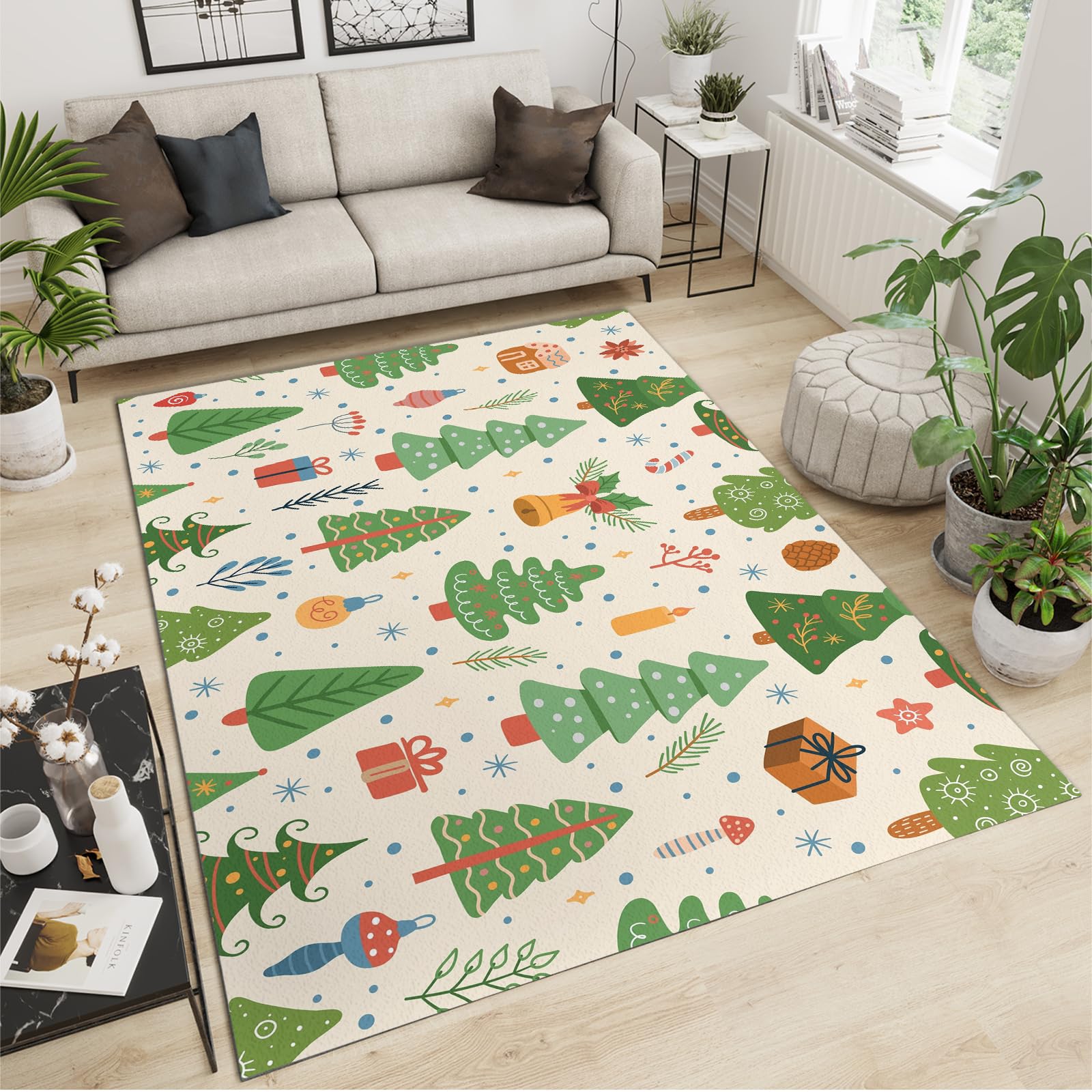 QDJKBL Area Rugs 60 x 90 cm Children'S Christmas Holiday Decoration, Cartoon Green Pine Tree Bell Box Porch Mat, Kitchen Mat Soft and Comfortable for Hotels Entrance Door Foyer