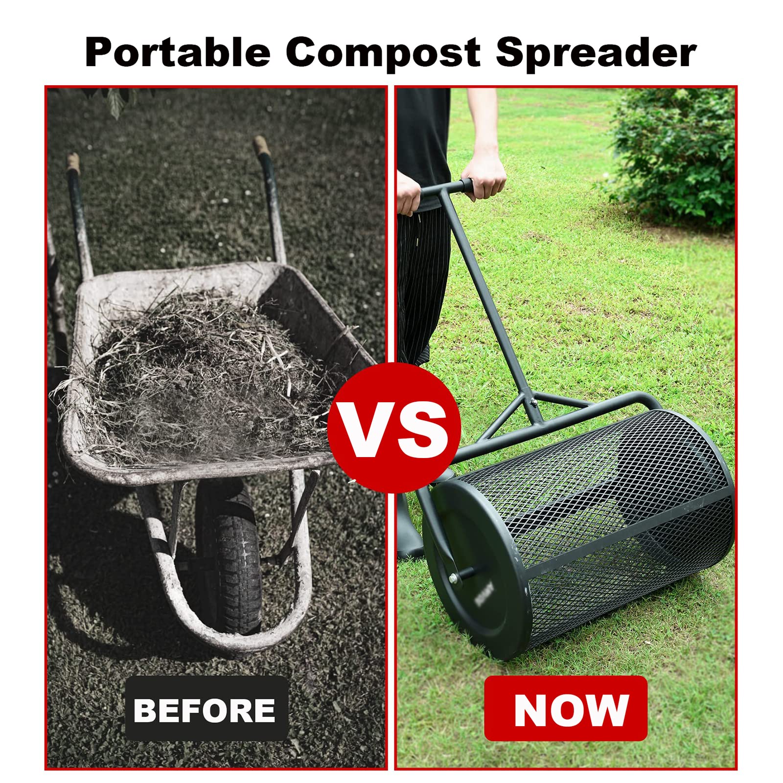 24-Zoll-Kompoststreuer, robuster Streuer aus Metallgeflecht mit verstellbarem Griff, zum Pflanzen, Säen, Oberboden, Schmutz, Mulch, Rasen, Garten, Hof und Erde, schwarz