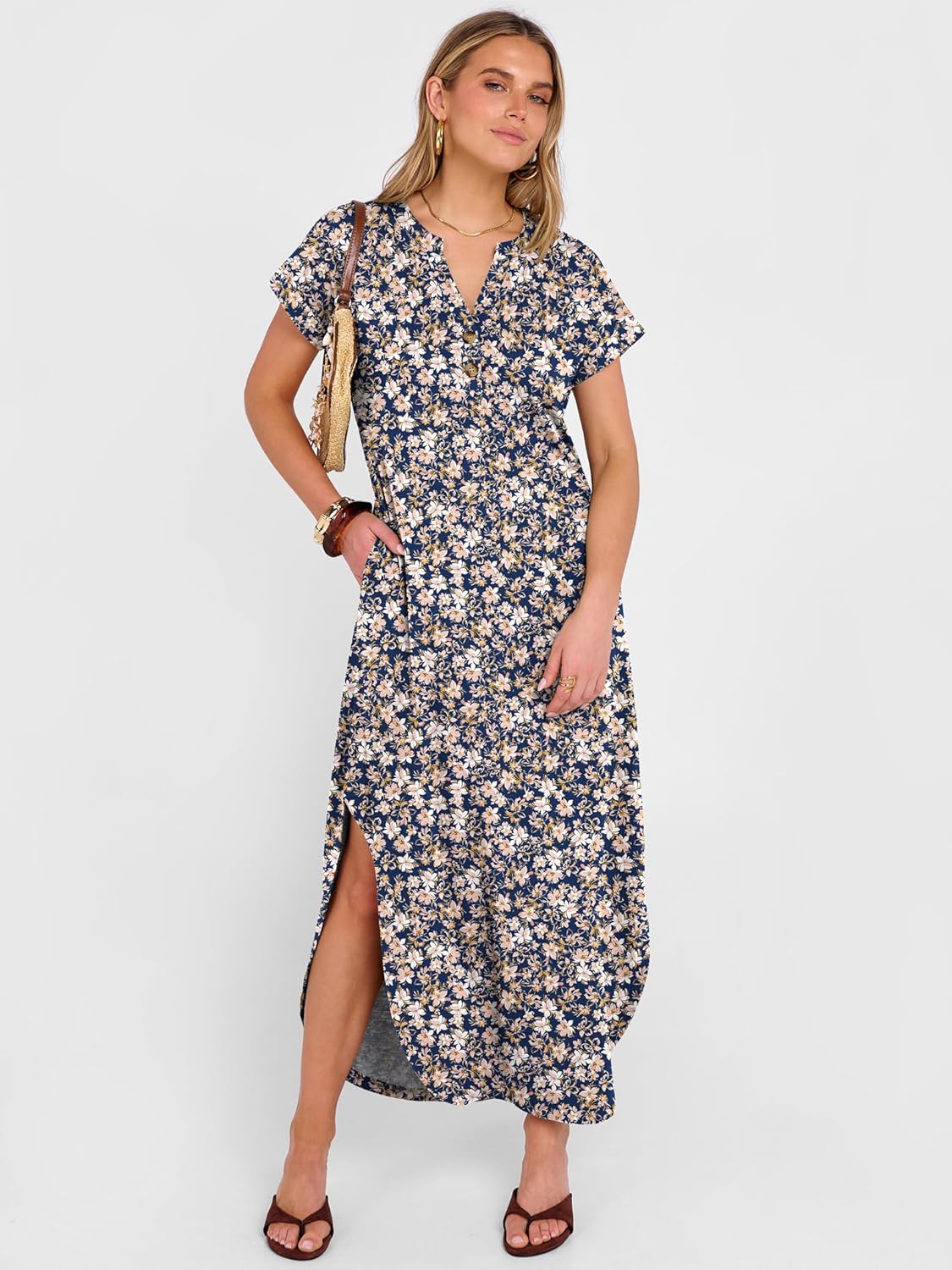 ANRABESS Women Summer Maxi Dress Casual Short Sleeve V Neck Button Up Loose Split Travel Dresses 2026 Beach Vacation Sundress - Image 7