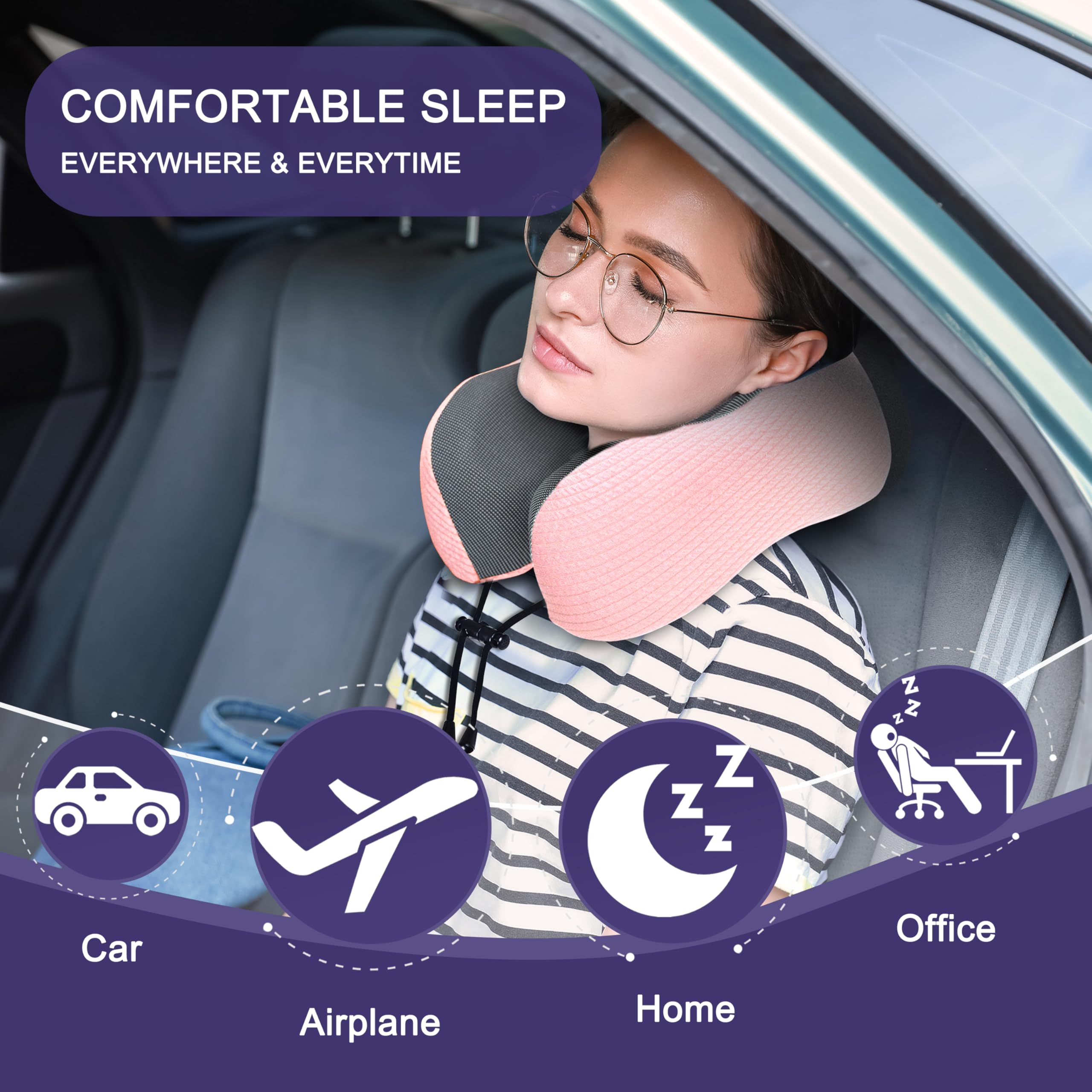 napfun Neck Pillow for Travel, Memory Foam Airplane Pillow, Pink view 6