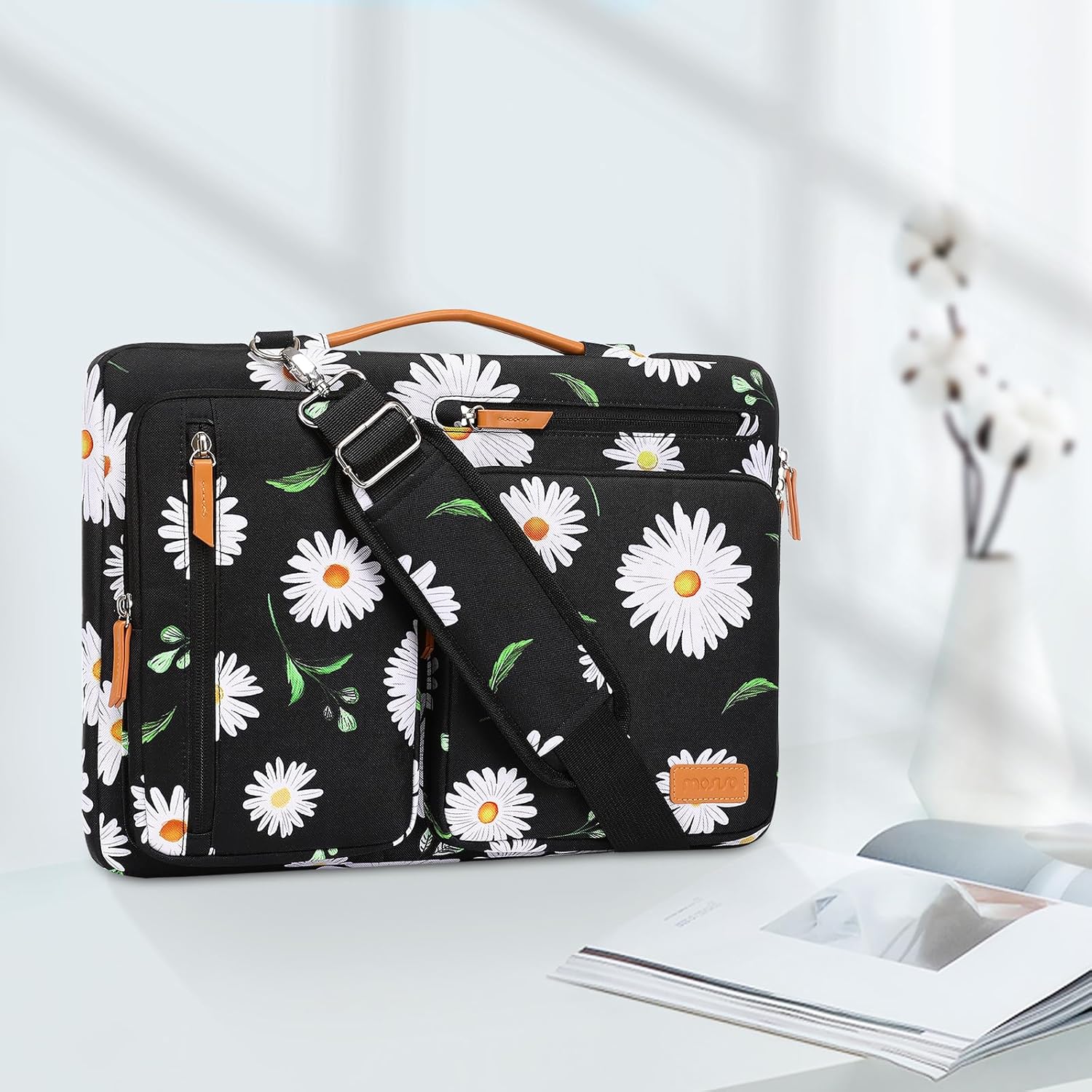 MOSISO 360 Protective Laptop Shoulder Bag,15-15.6 inch Side Open Messenger Computer Bag with 4 Zipper Pockets Compatible with MacBook Pro 16, HP, Dell, Lenovo, Asus Notebook, Bellis Perennis - Image 3