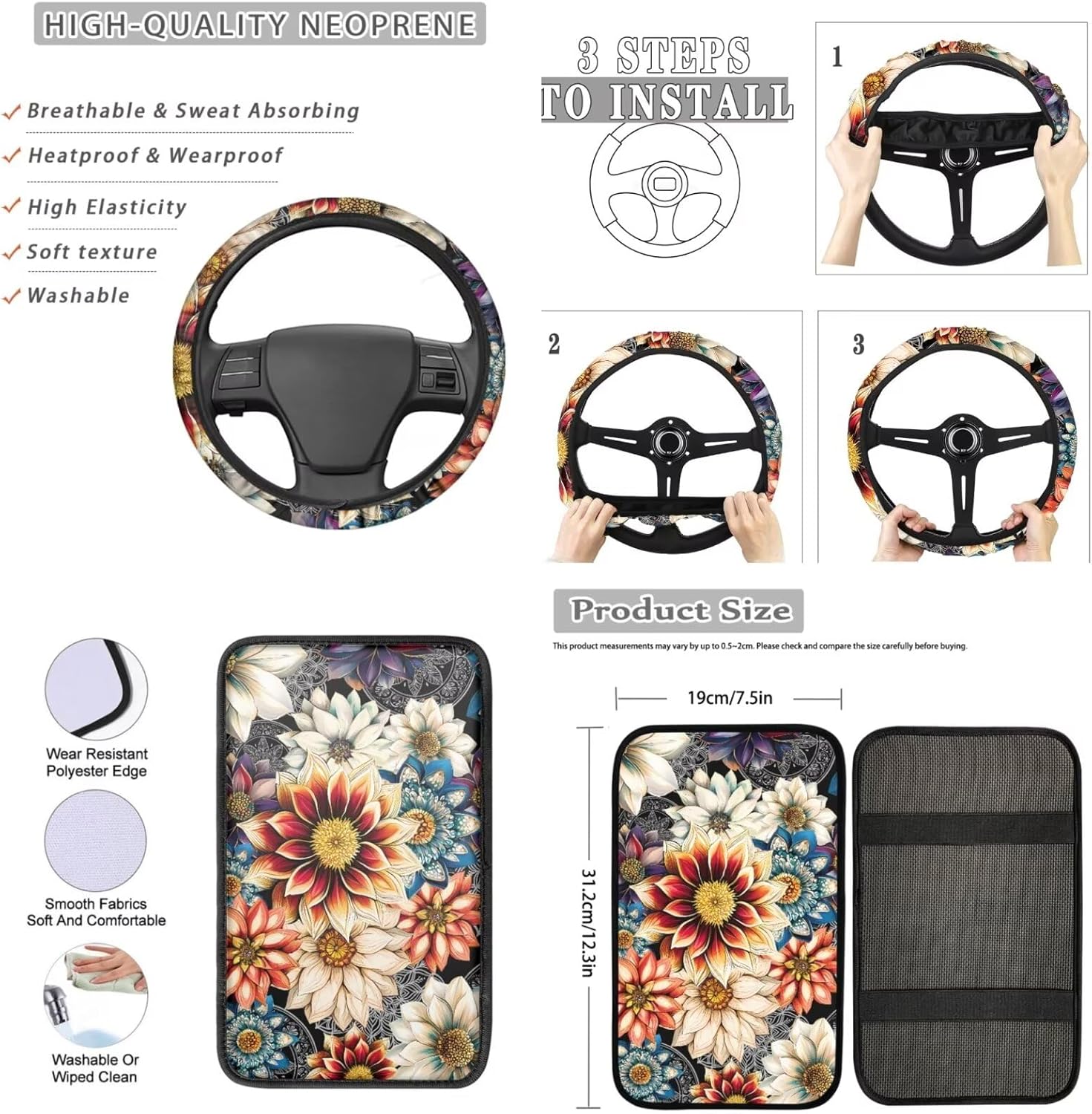 Decorative Car Steering Wheel Cover with Car Armrest Cover for Women,4 Pack,Boho Dahlias Mandala Flowers Soft Seatbelt Cushion Pad Universal Fit for SUVs Trucks Vans