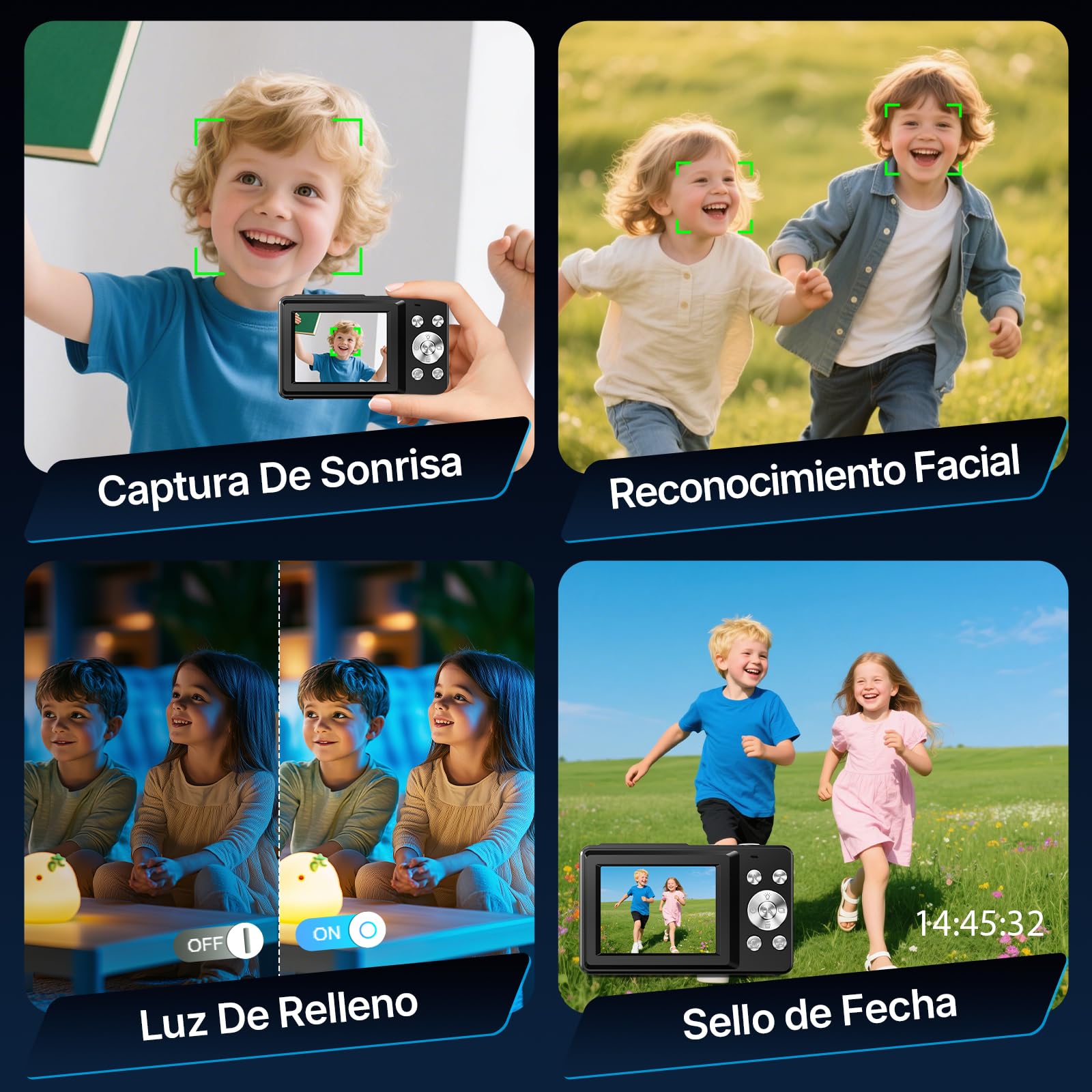 Cámara Digital Compacta Cámara de Fotos Digital 44MP 1080P con Pantalla IPS de 2,4”, Zoom Digital 16X, Antivibración, Tarjeta 32GB, 2 Baterías para Adolescentes Niños, Niñas Negro