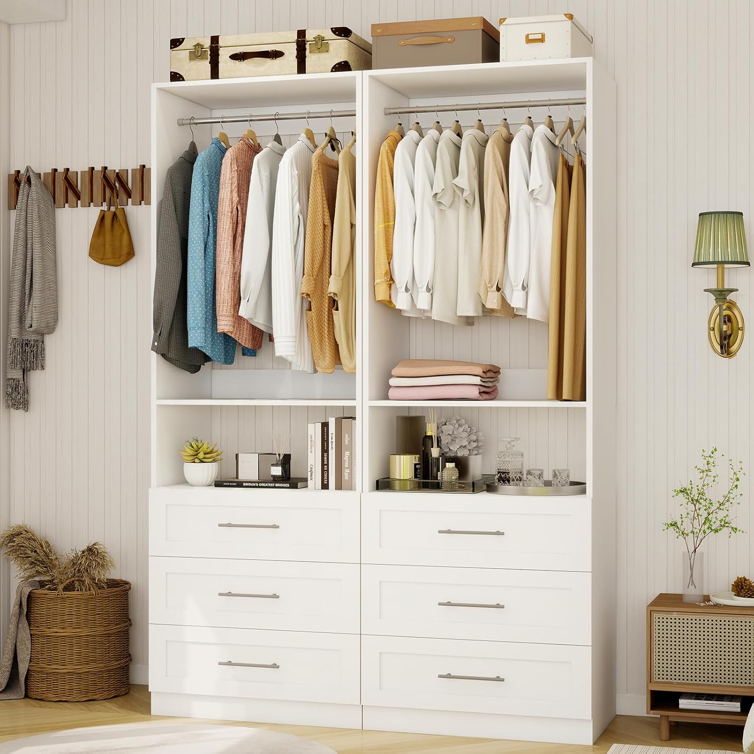 Closet System with Wooden Drawers, 2FT Closet Organize System with 3 Drawers & 2 Hanging Rods &for Walk in Closets, 24" Freestanding Closet System, White(2FT)