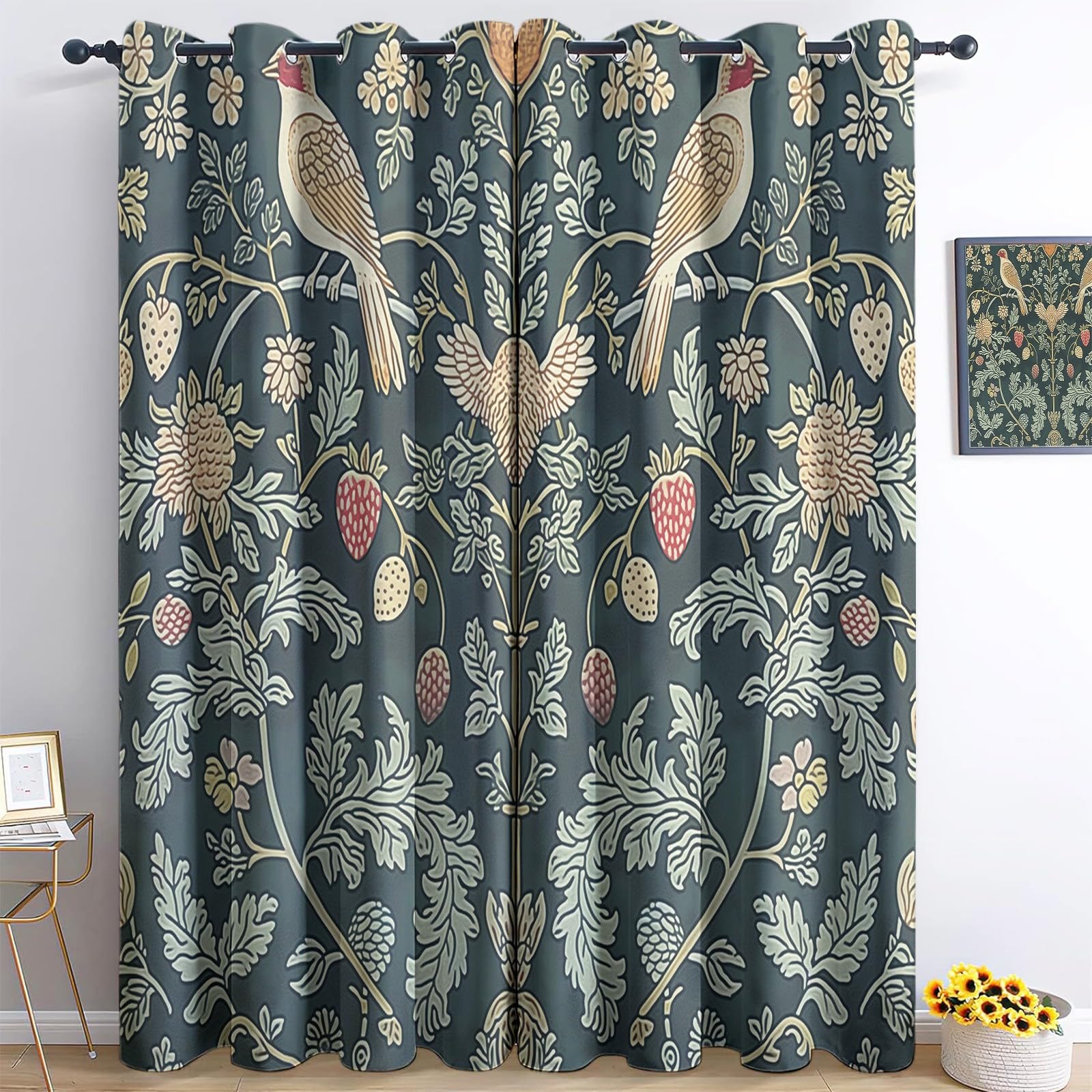 Blackout Curtains William Morris Strawberry Thief Opaque Curtain Eyelet Curtains 3D Print Thermal Insulated Curtains for Living Room Children's Bedroom Window Decora, W52 x L84 Inch, 2 Panels