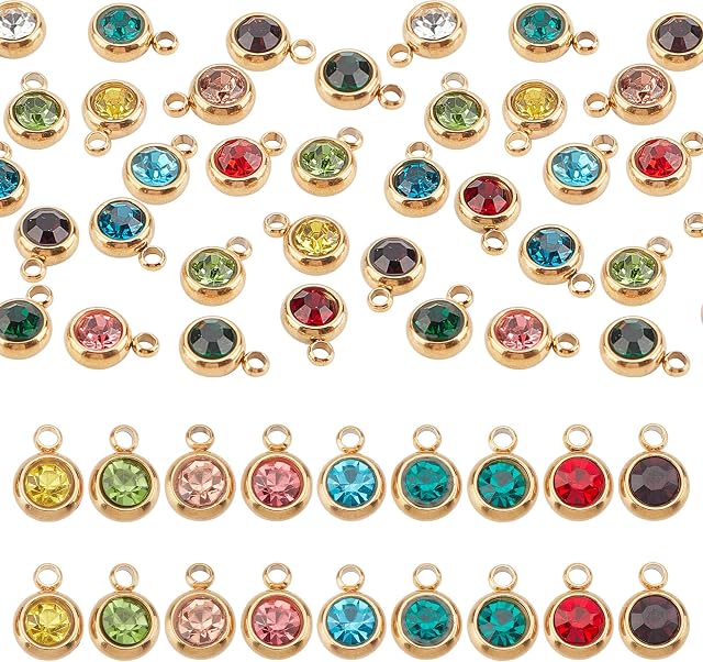 UNICRAFTALE 24Pcs 12 Colors Rhinestone Charms Flat Round Real 18K Gold Plated Birthstone Charms With Vacuum Plating 303 Stainless Steel Finding, 1.5mm Hole Dangle Charms Jewelry Making Charms