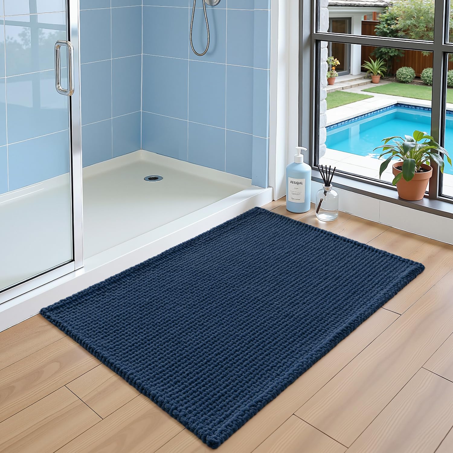 DEXI Tappeto Bagno in Ciniglia 60 x 110 cm, Tappetino Antiscivolo e Assorbenteo, Tappeti Lavabile e Morbido per la Lavandino, Ingresso del Doccia, Blu