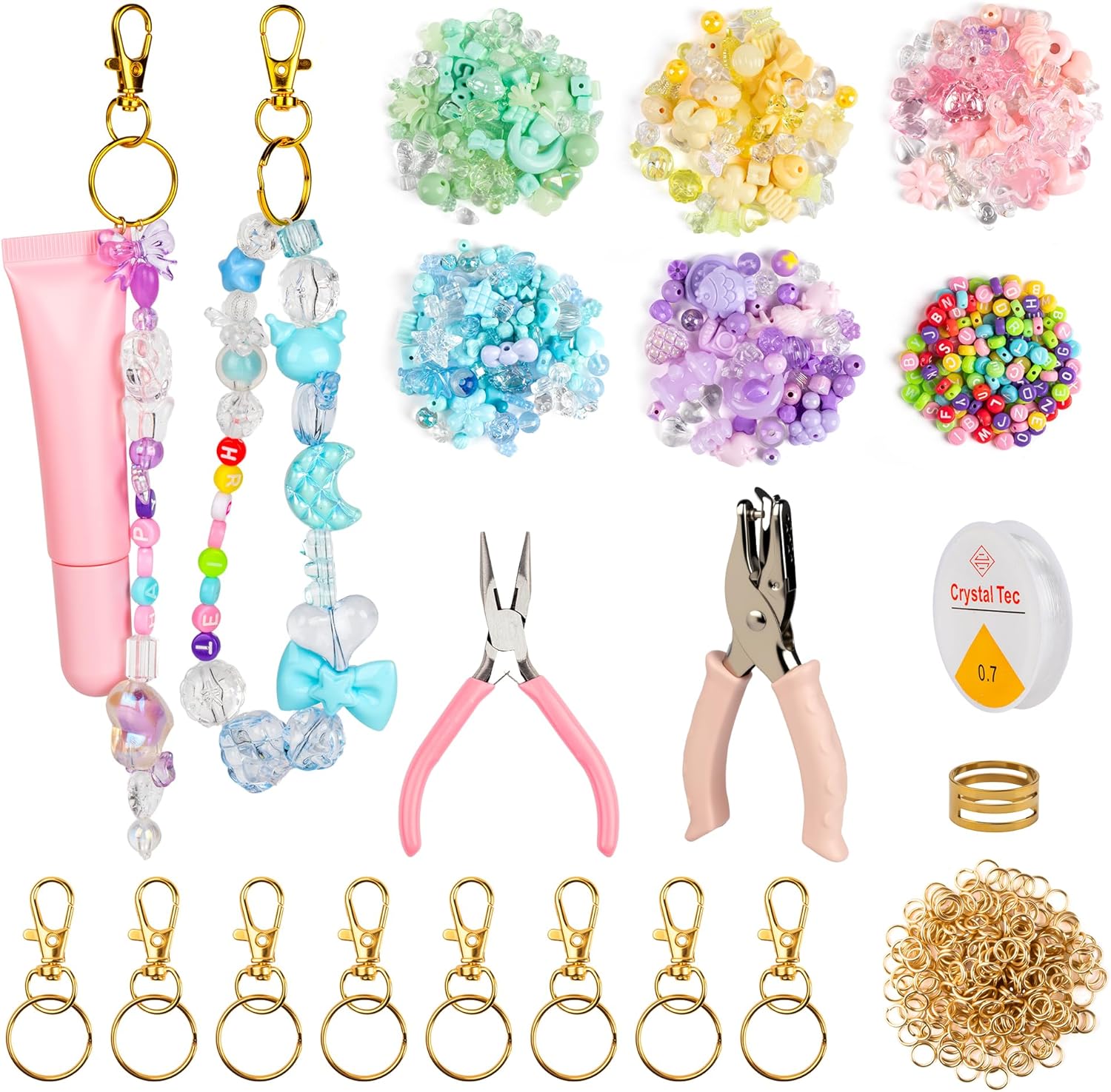 Starry 422 Pcs Lip Gloss Keychain Attachment Collection Lip Balm Beaded Keychain 10 Clips 5 Color Acrylic Beads Hole Puncher Jump Ring Elastic Rope for Adult