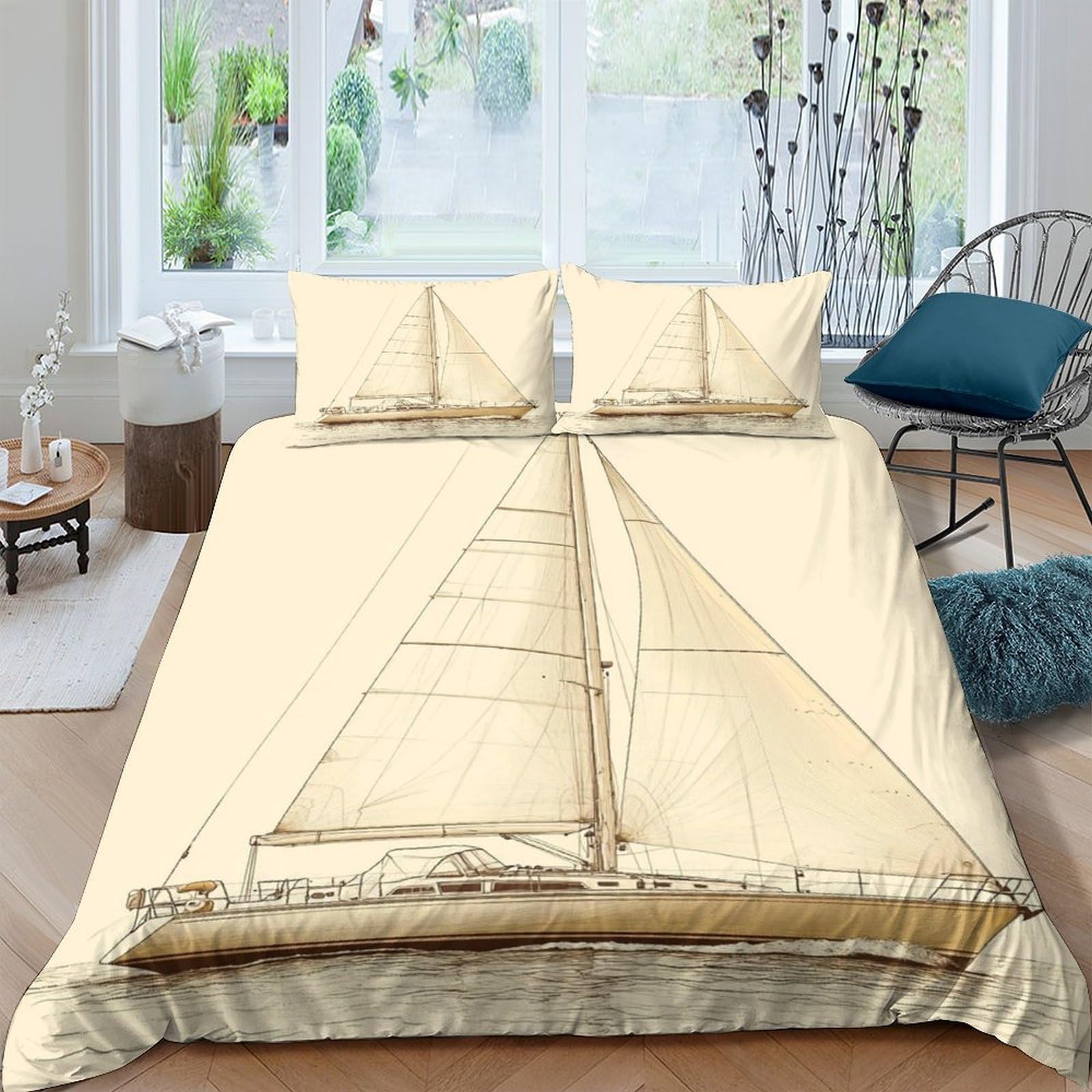 GPLZQXKJNH 3D Printed Sailboat Nautical Duvet Cover Microfiber Soft Breathable Ocean Yacht Bedding Set with 2 Pillowcases for Bedroom, Single（135x200cm）