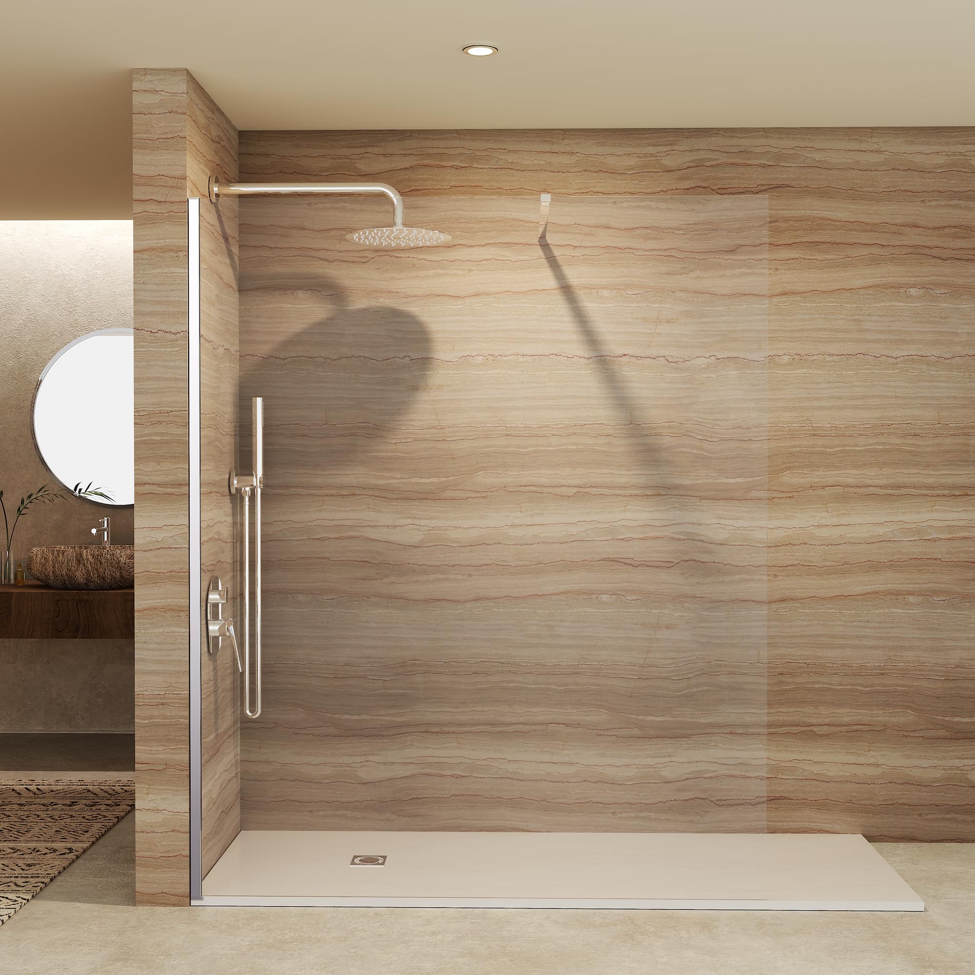 IMEX - Mampara Ducha Fija 50cm Frontal Cromada con Brazo de Sujeción | Mampara de Cristal Antical y Perfilería de Aluminio con 200cm de Altura | Vidrio con Grosor 8mm y Sistema de Montaje Fácil