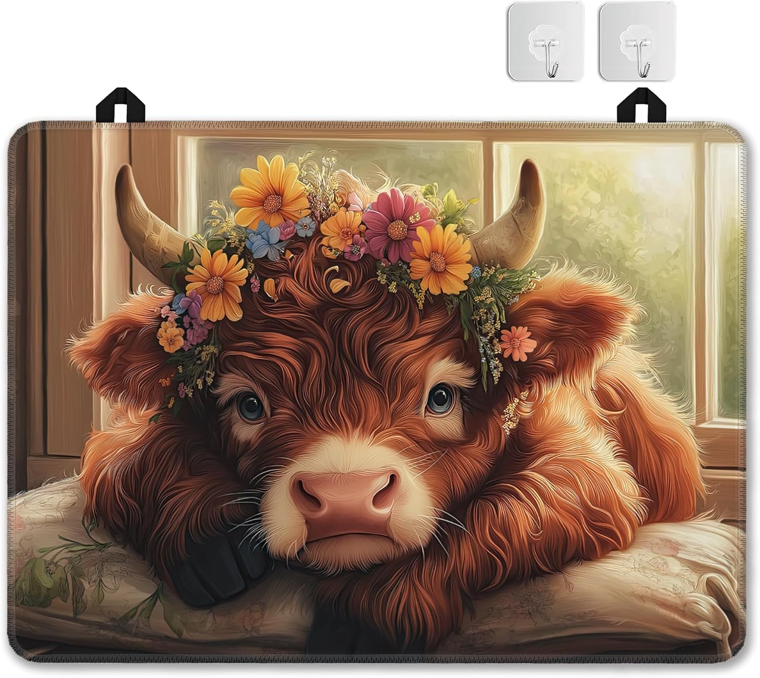 Cute Highland Cow Glass Top Stove Cover Protector,Rustic Flower Heat Resistant Stove Top Cover, Large Size Range Covers for Electric Stove Countertop Mat, 28 x 20 Inch